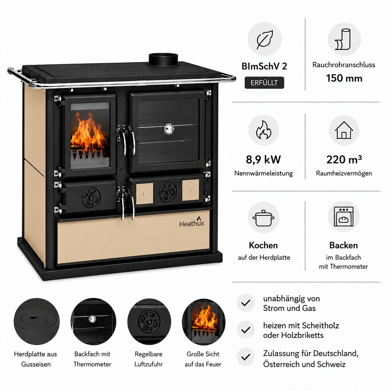  Festbrennstoffherd »Cook Premium Beige« Küchenofen, Ofenherd zum Heizen, Kochen & Backen