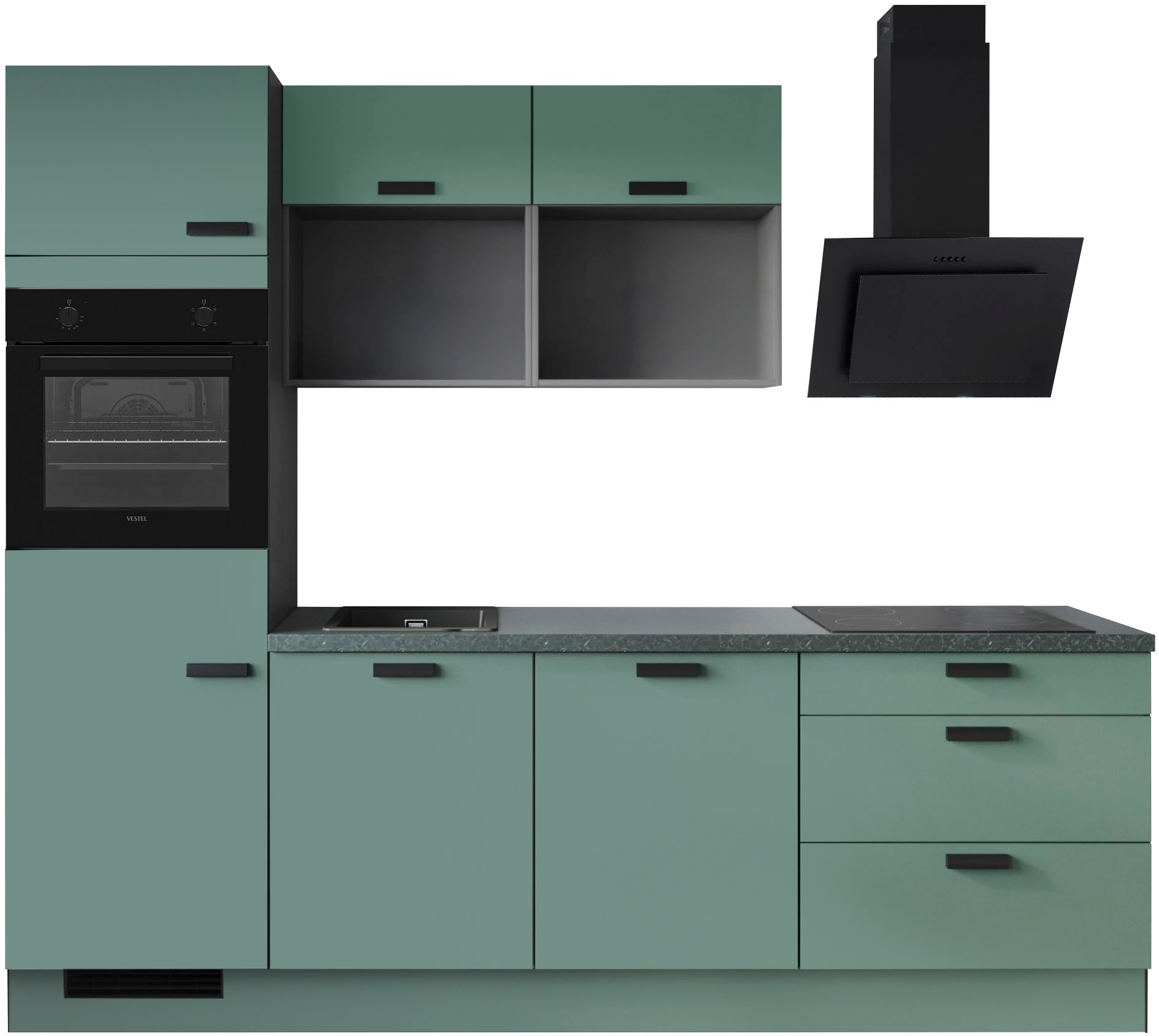 Küchenzeile IMPULS KÜCHEN, B:260cm H:222,06cm T:60cmküche: grün, front: thymian, korpus: grafit, arbeitsplatte: marmor grün, Komplettküchen-Sets,