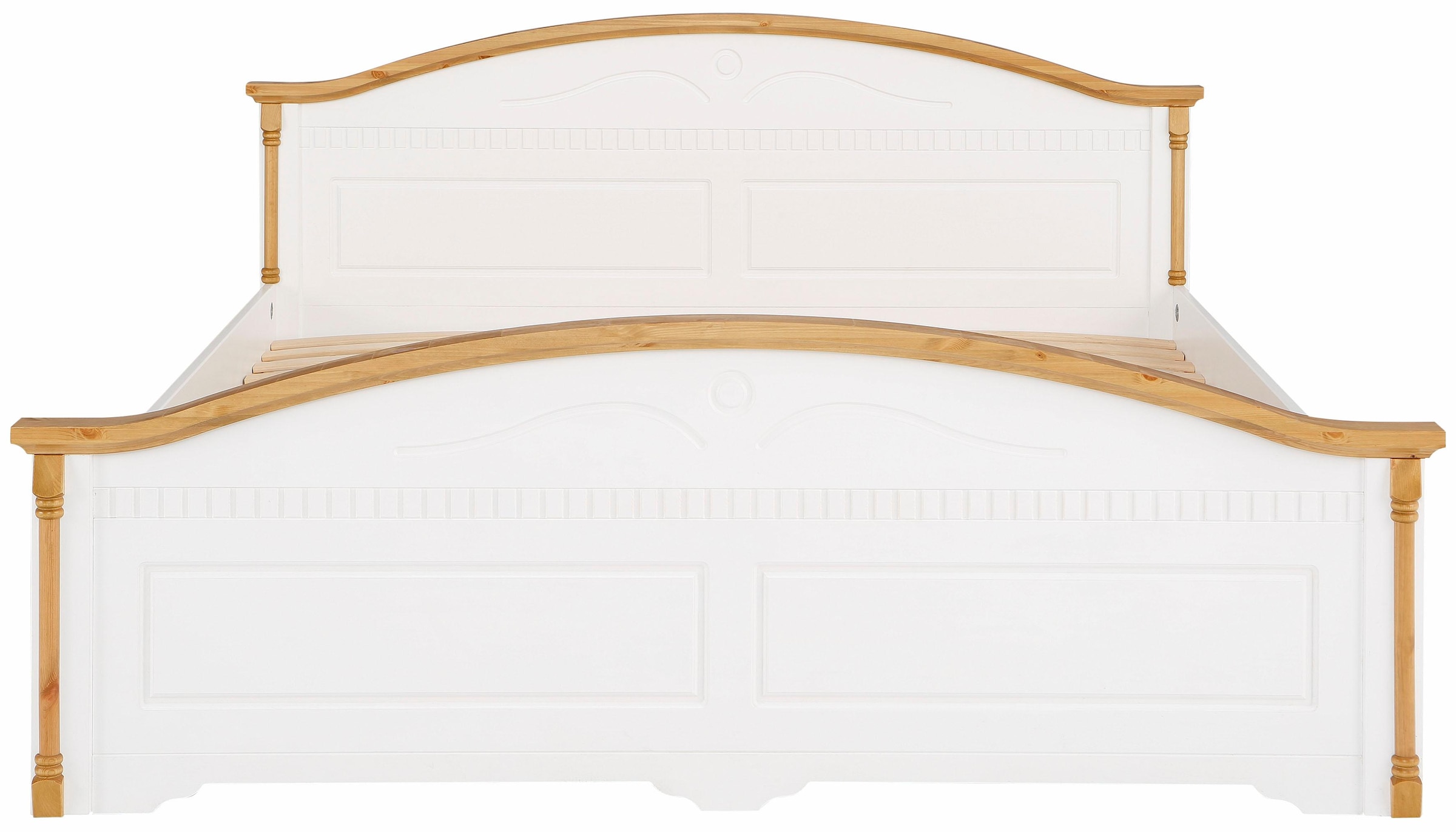 Home affaire Massivholzbett »Graz, hohe Belastbarkeit, klassischer Landhausstil, FSC® zertifiziert«, (Breite/Belastbarkeit 180cm/220 KG, 90cm/=120KG), mit dekorativen Fräsungen, inklusive Lattenrost