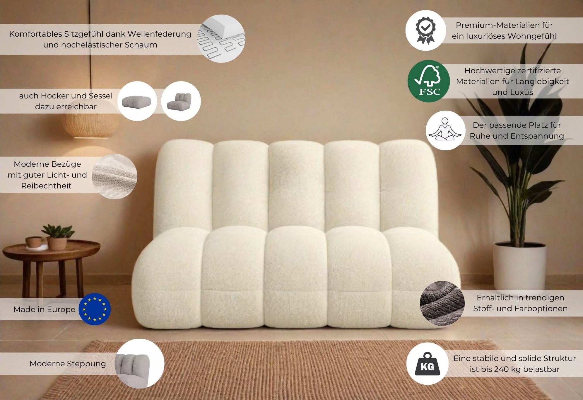 LeGer Home by Lena Gercke 2-Sitzer »Priya Designersofa, moderne Steppung, auch in Bouclé«, gemütlich und modern, B/T/H: 155/108/84 cm