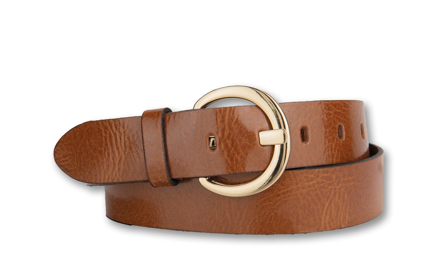 Bernd Götz leather belt with round gold ring buckle cognac 95cm