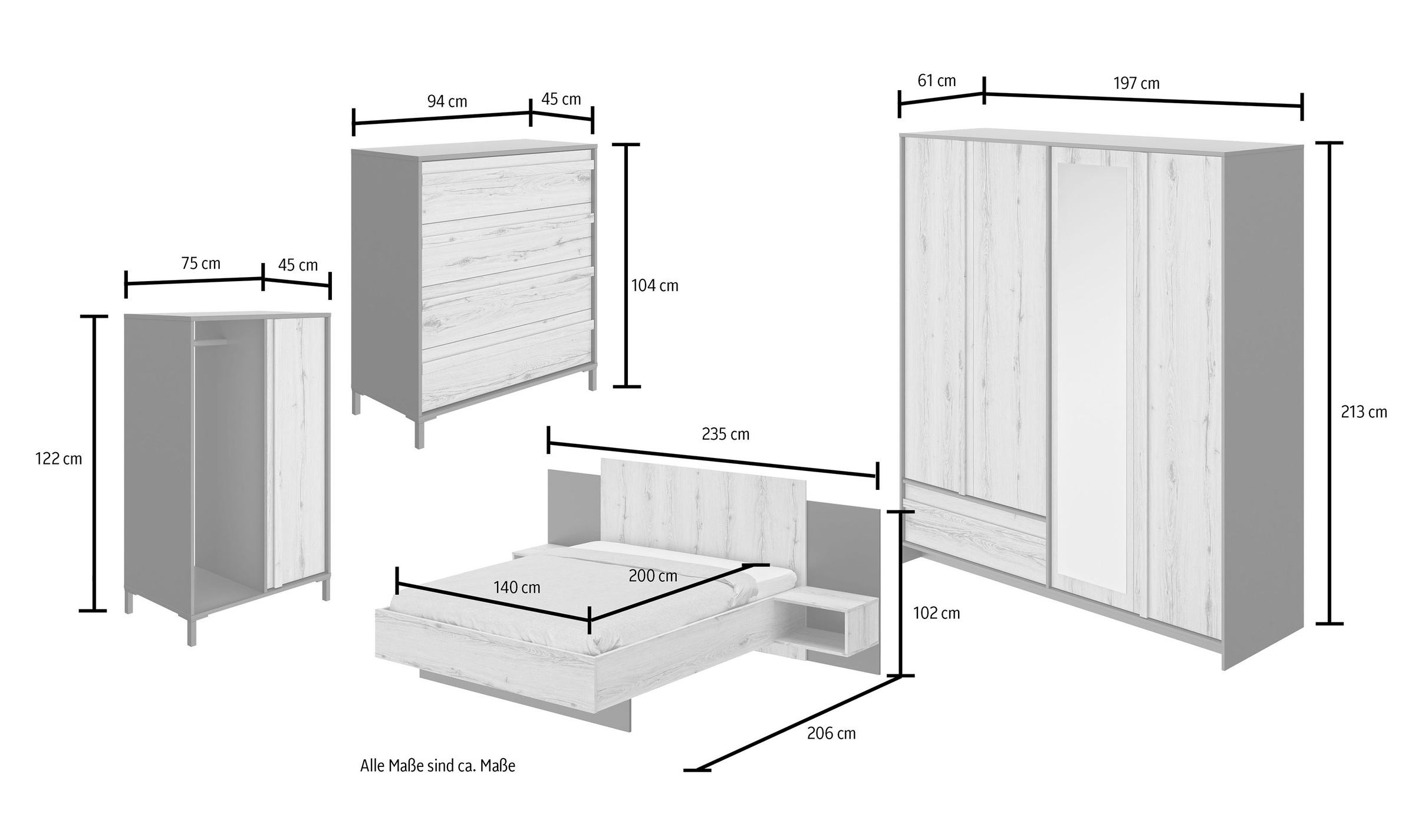 2x St., Schlafzimmer-Set »Mimizan«, Bett, Kommode, Nachttische, Kleiderschrank, (4 kaufen | Gami BAUR Garderobenschrank)