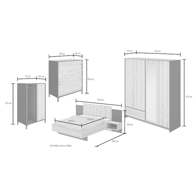 Gami Schlafzimmer-Set »Mimizan«, (4 St., Bett, 2x Nachttische,  Kleiderschrank, Kommode, Garderobenschrank) kaufen | BAUR