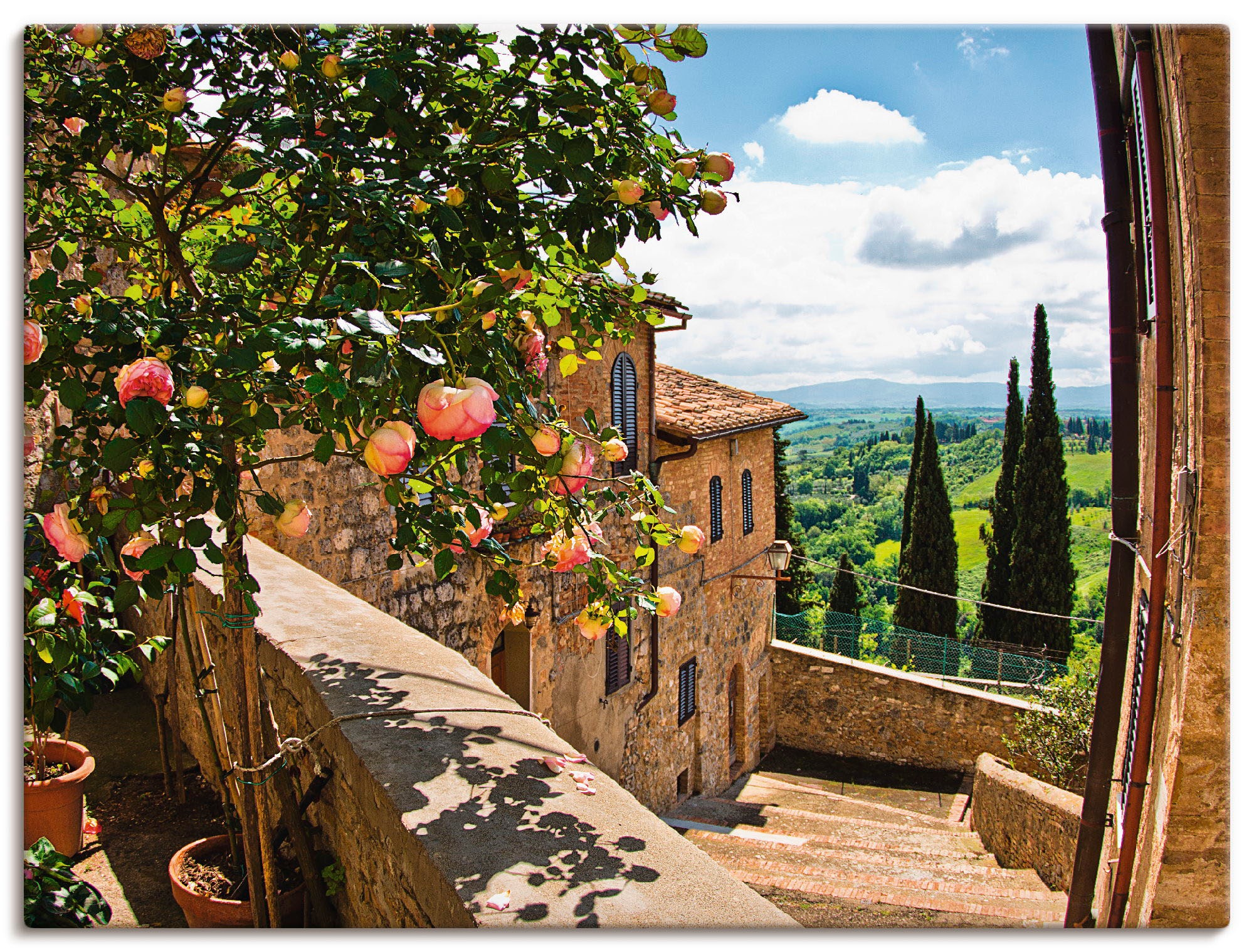 Artland "Rosen auf Balkon Toskanalandschaft" Garten 1 Stk. tlg. als Leinwan günstig online kaufen