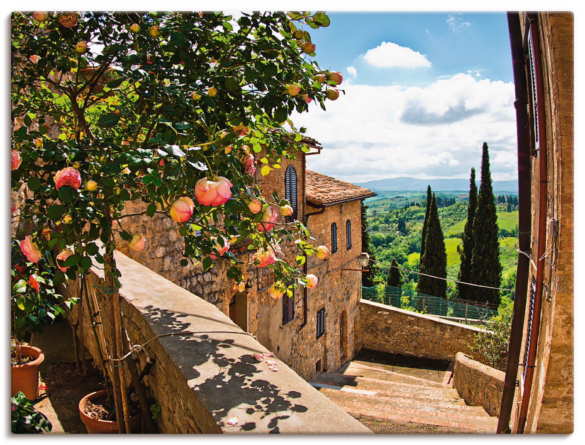 Artland Wandbild "Rosen auf Balkon Toskanalandschaft" Garten 1 Stk. tlg. al günstig online kaufen