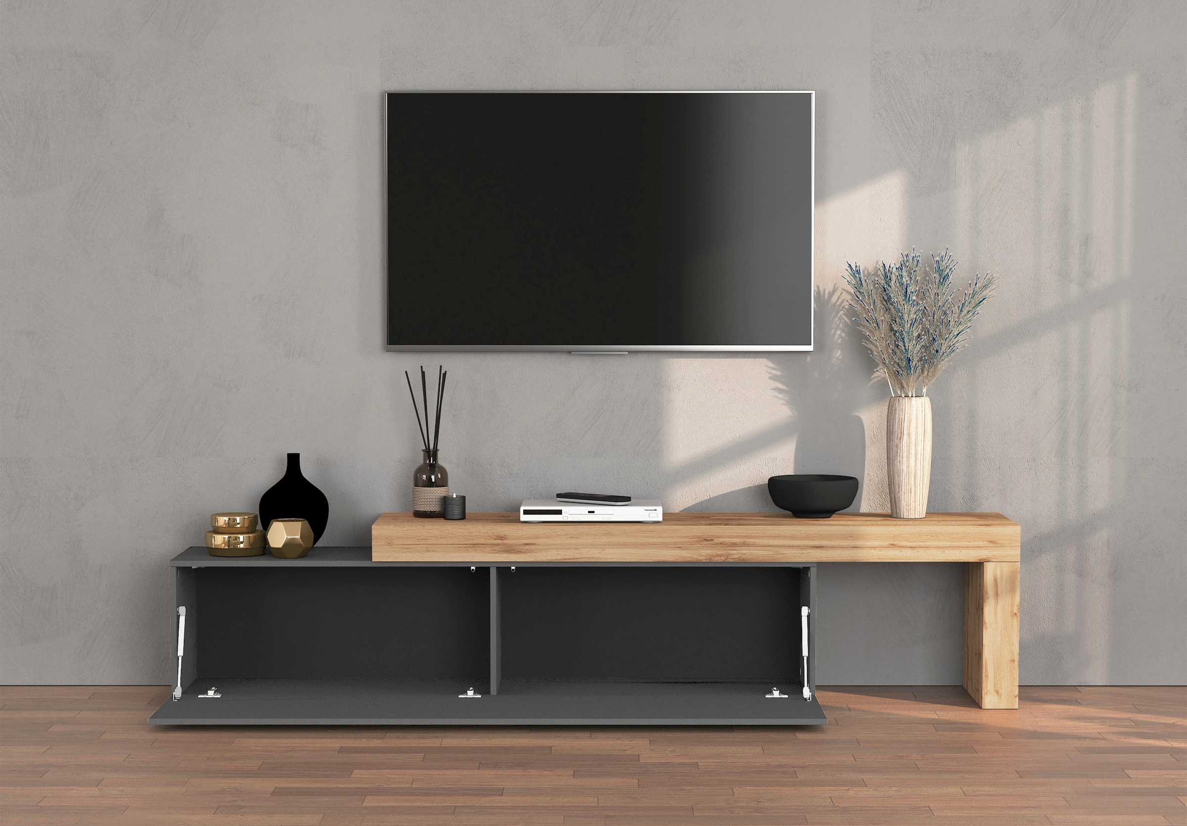 INOSIGN Lowboard »Chronos TV-Board, TV-Schrank« Breite verstellbar von 190 bis 350 cm, 1 Stk. tlg. Breite 270 cm TV-Board,Lowboard,1 Klappe und ein L-Förmiger Aufsatz