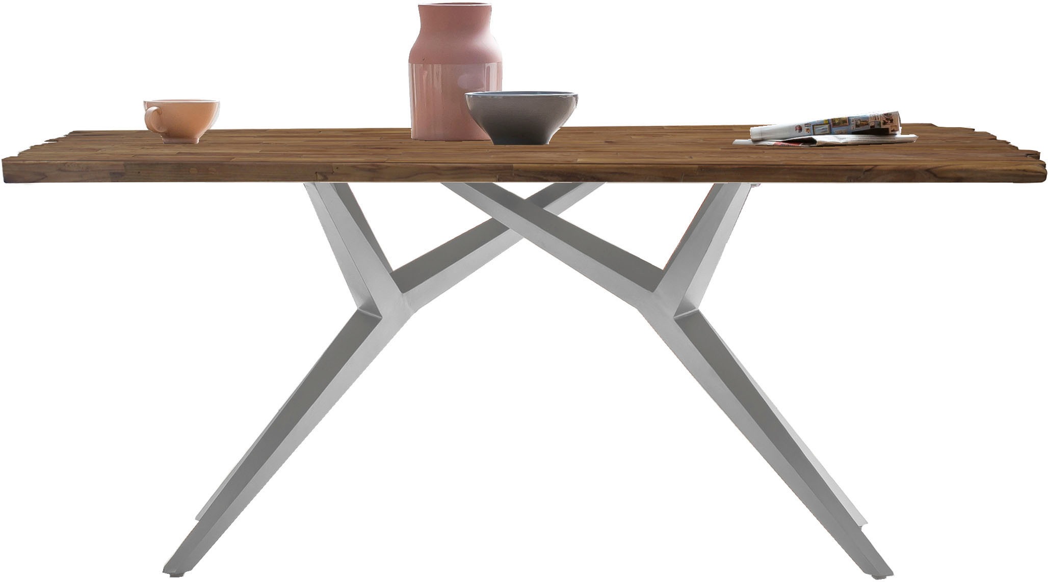 SIT Esstisch "Leiria aus Teak mit 50-mm-Platte & extravagantem Metallgestell" 50-mm-Teakplatte mit markanter Bruchkante an den kurzen Seiten