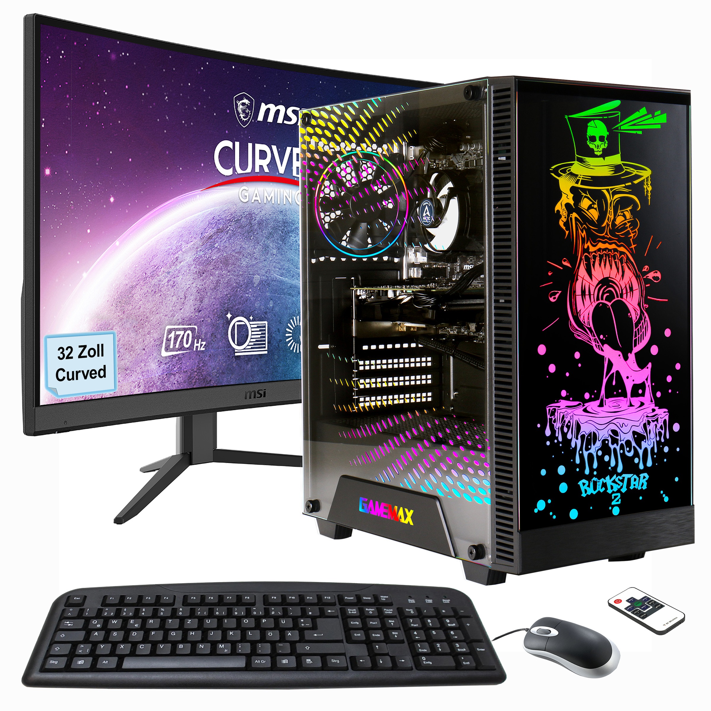 GAMEMAX PC-Komplettsystem »MegaDeal Gaming-PC-Set Rockstar«, Windows 11 + MSI G32C4 E2 Monitor Curved 80cm (32") + Maus & Tastatur