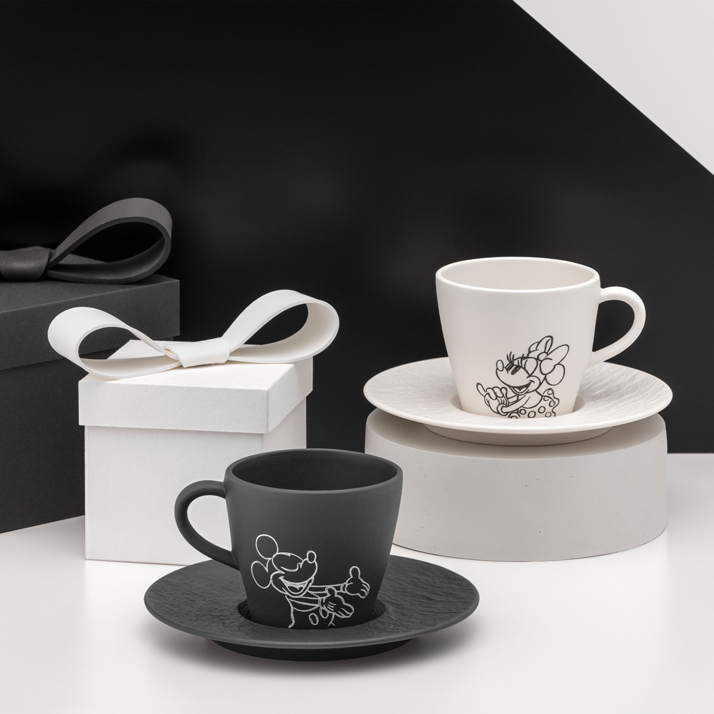 Villeroy & Boch Tasse »Kaffeetassen mit Untertassen Manufacture Rock - Mickey Mouse 160 ml 2er Set schwarz-weiß« Spülmaschinenfest, Mikrowellensicher
