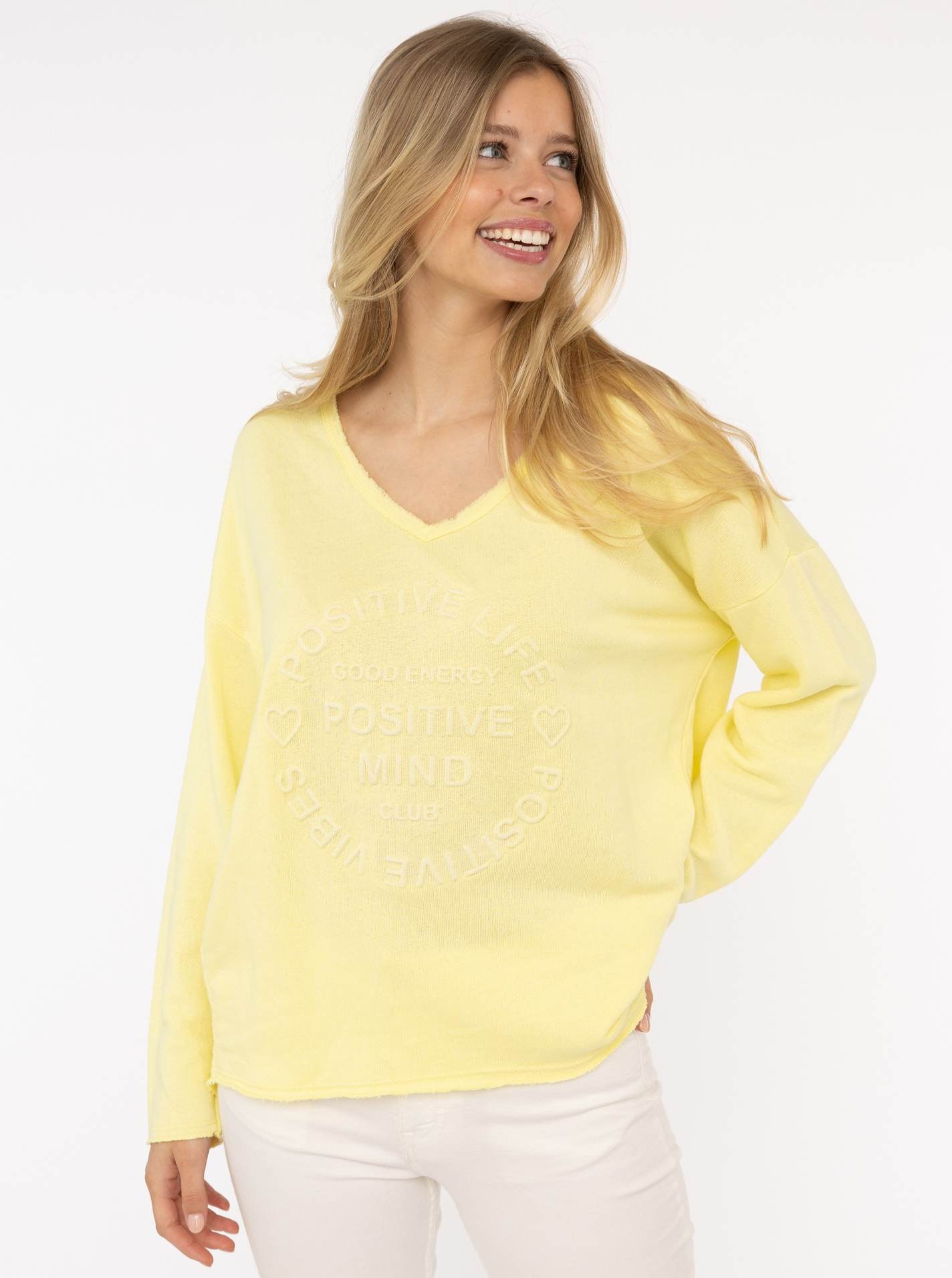 Zwillingsherz ""Positive Mind"", ausgefranster V-Ausschnitt, Used Look, Langarm, Schriftzug