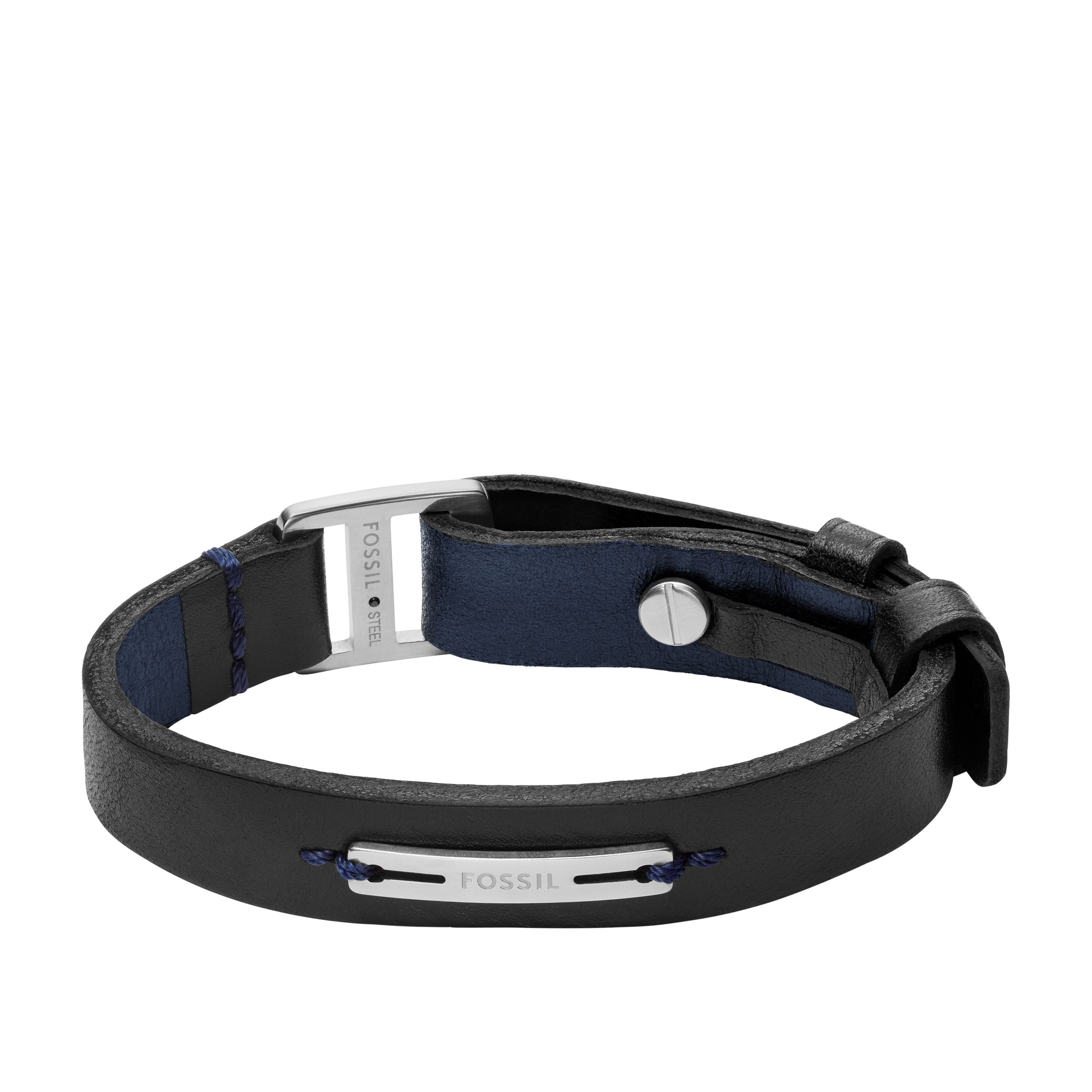 Lederarmband FOSSIL "Schmuck Geschenk Edelstahl, Leder MACHINE", edelstahlfarben, schwarz, blau, Armbänder, Herren, 31,4cm, Edelstahl Leder, Edelstahl, Leder, Lederarmband 2