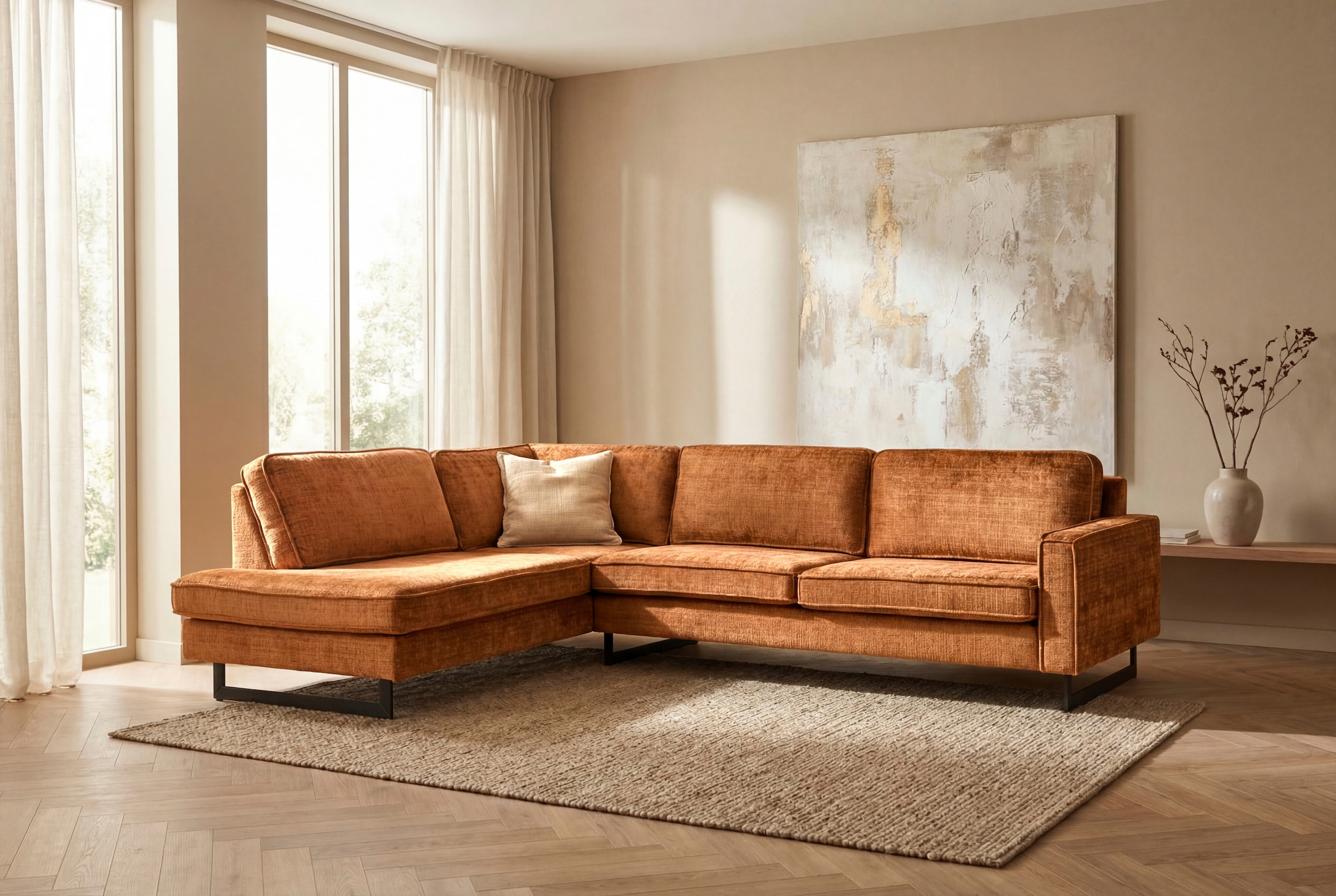 OTTO home Ecksofa "Pinto, 290 cm, Cord, Chenille, Lederoptik, Ottomane links / rechts" mit Keder, schwarze Metallfüße, Wellenunterfederung