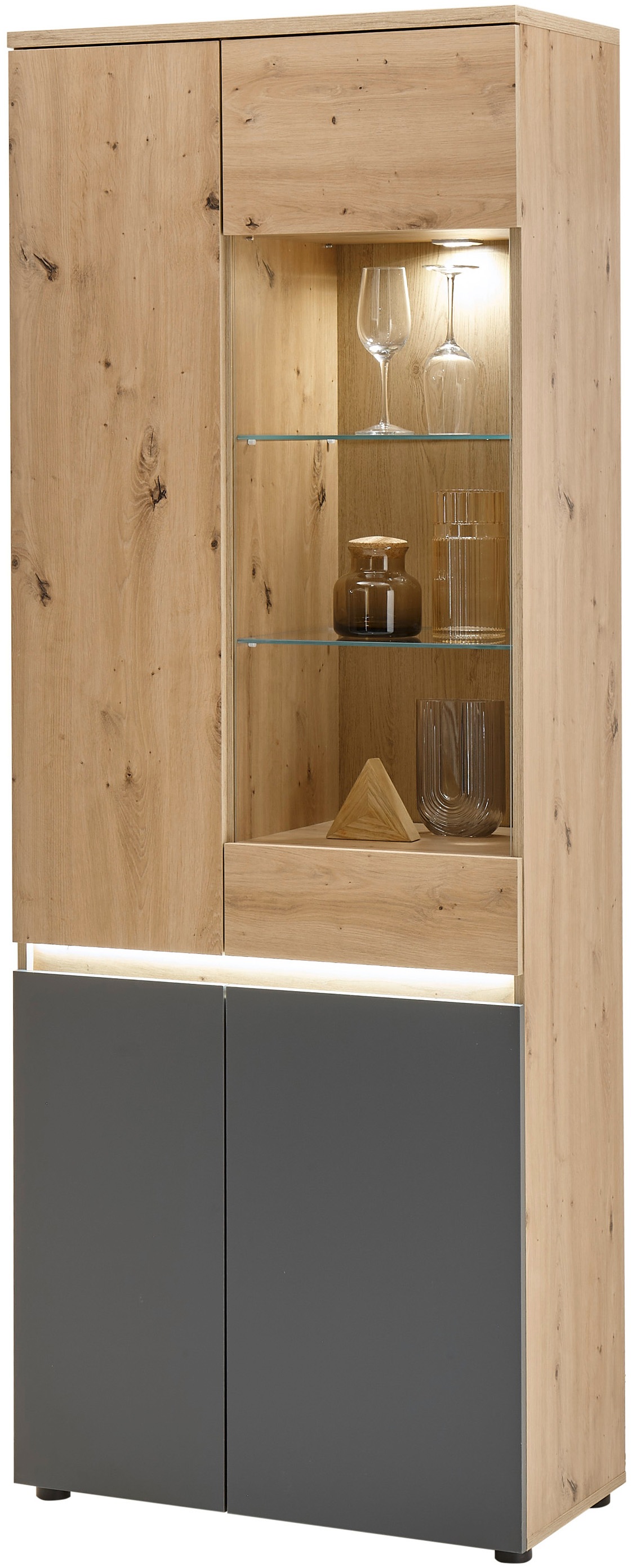 HBZ Vitrine »Lille«, (1 St.), mit LED-Beleuchtung, Vitrinenschrank in Eiche Artisan