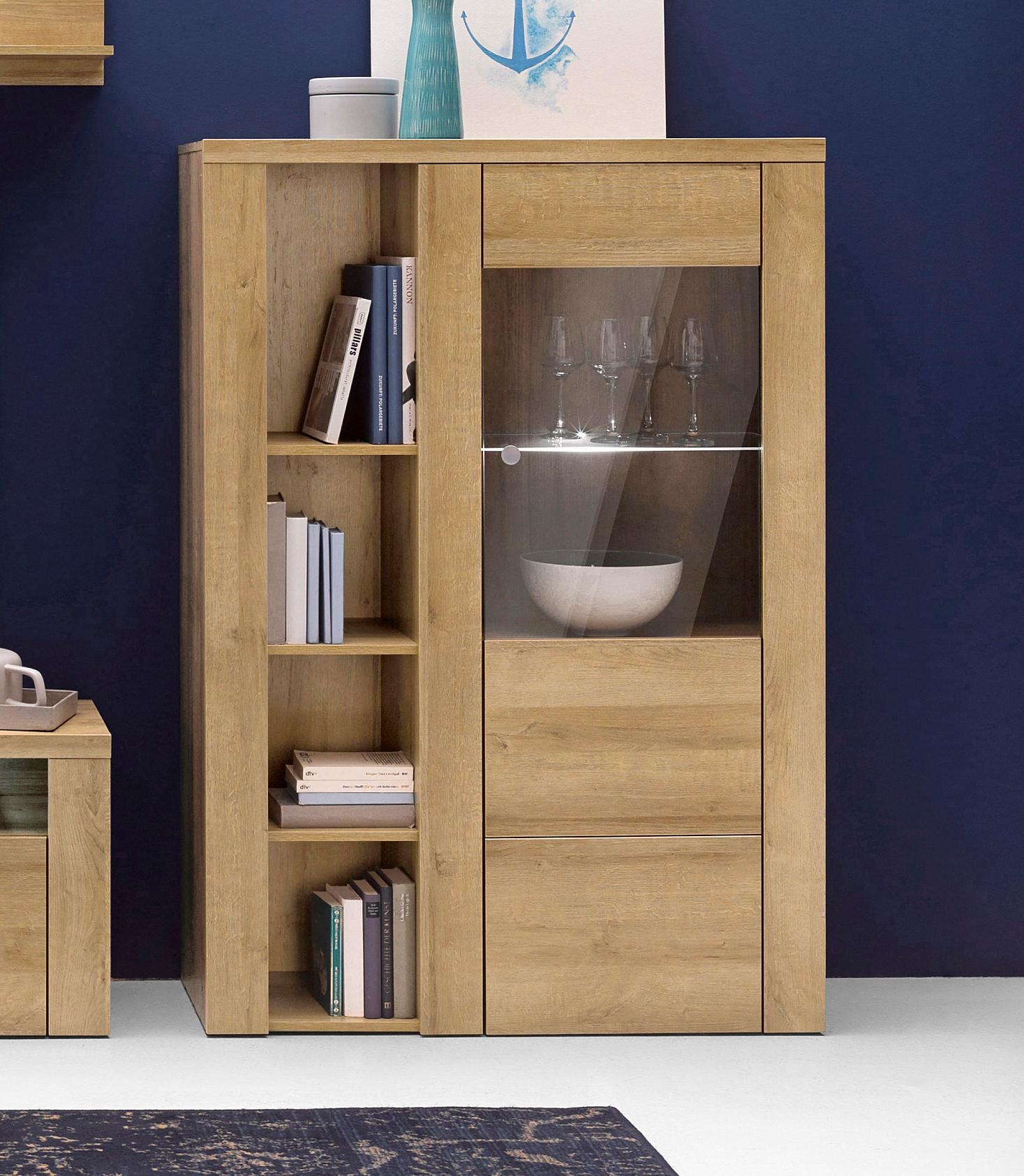 Home affaire Vitrine »Larona, zeitlose Glasvitirne, Hochschrank Höhe 145 cm«, Stauraumvitrine mit dekorativer Rahmenoptik