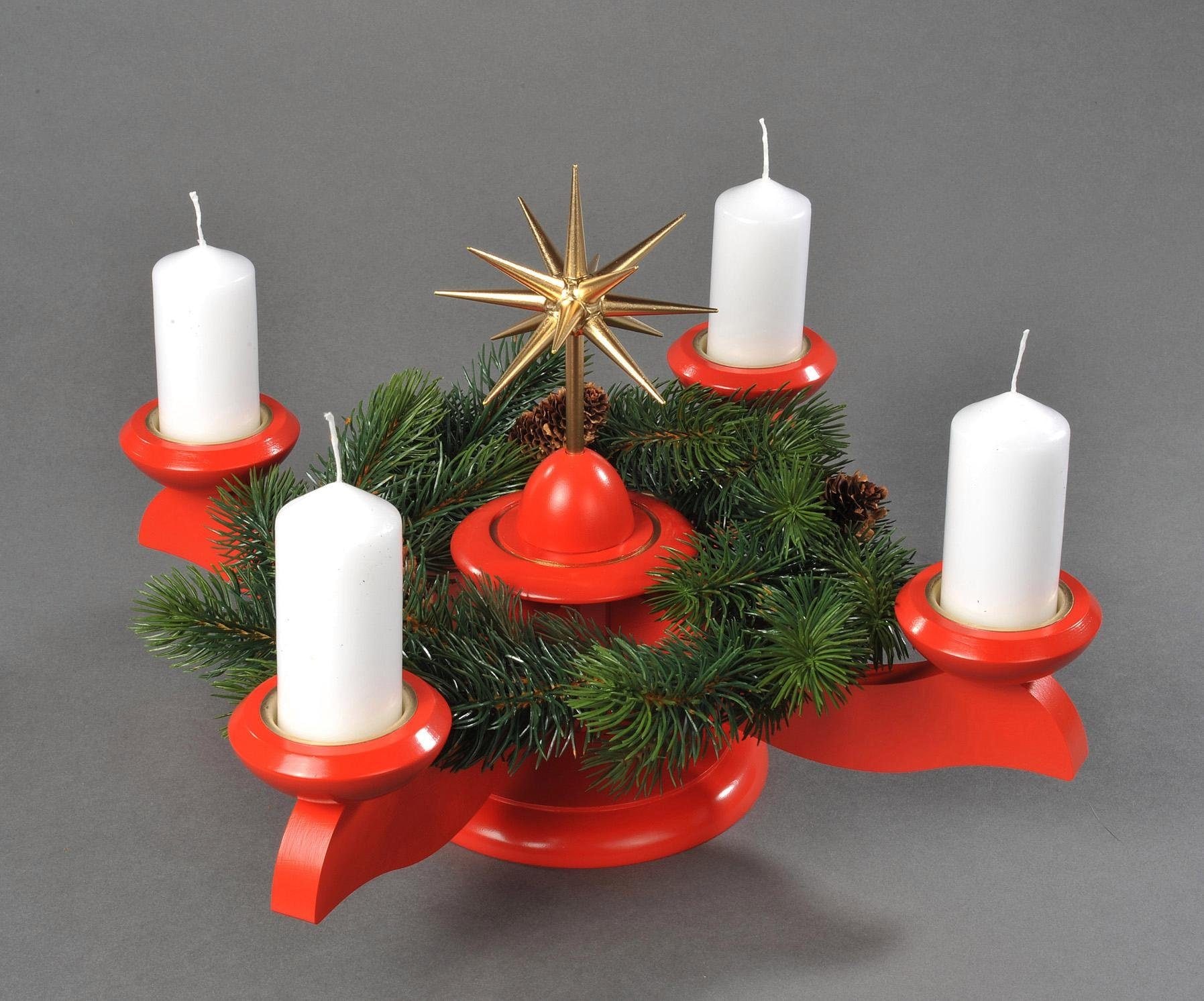 Albin Preissler Adventsleuchter "mit Weihnachtsstern und Tannenkranz, Handwerkskunst aus dem Erzgebirge" Ø 29 cm, Weihnachtsdeko aus Buchenholz