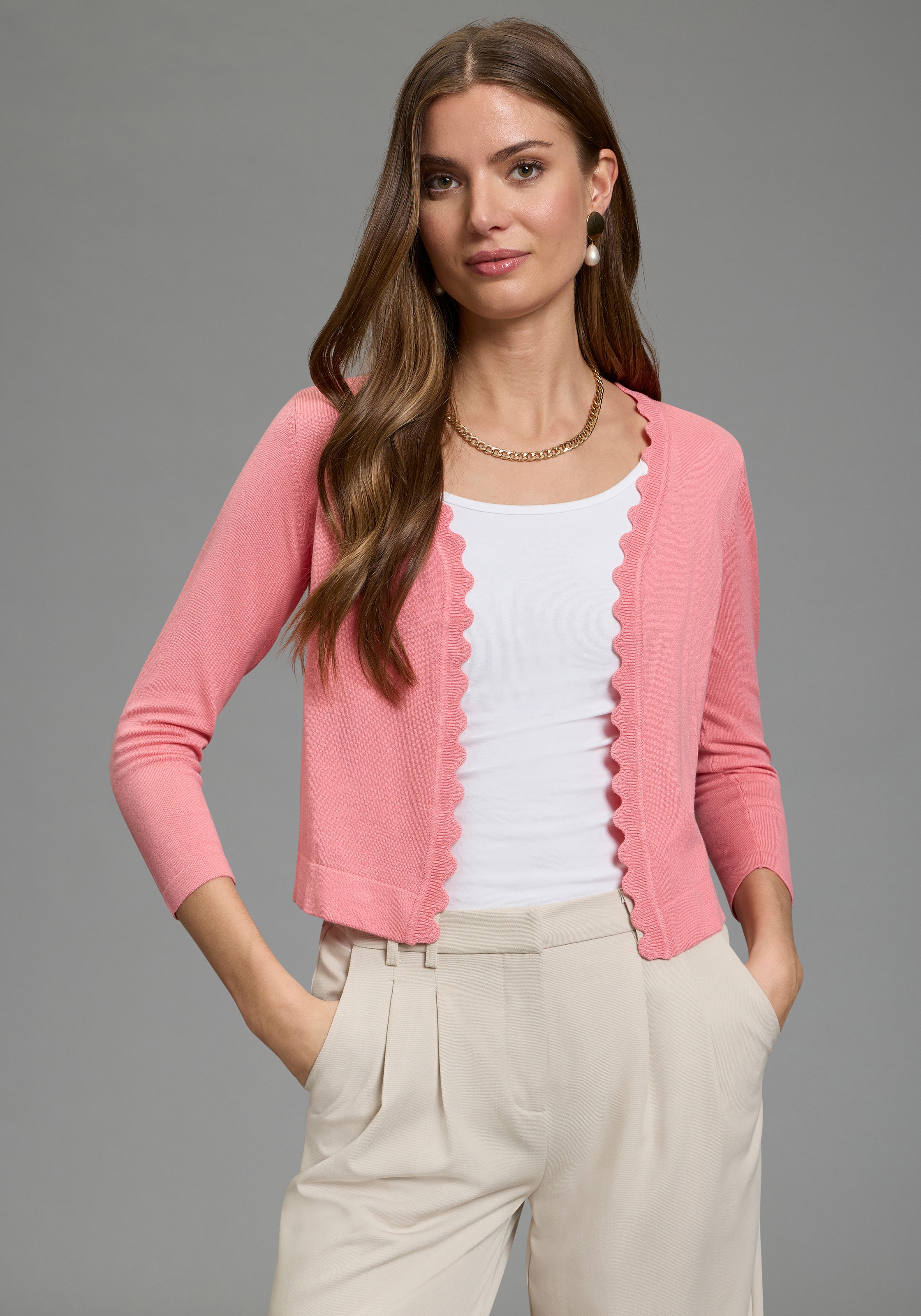 Strickjacke LAURA SCOTT, Damen, Gr. 32/34, rosa, Feinstrick, Obermaterial: 70% Viskose, 30% Polyamid, unifarben, figurumspielend taillenbedeckt, V-Ausschnitt, Strickjacken Strickjacke, mit femininer Wellenkante