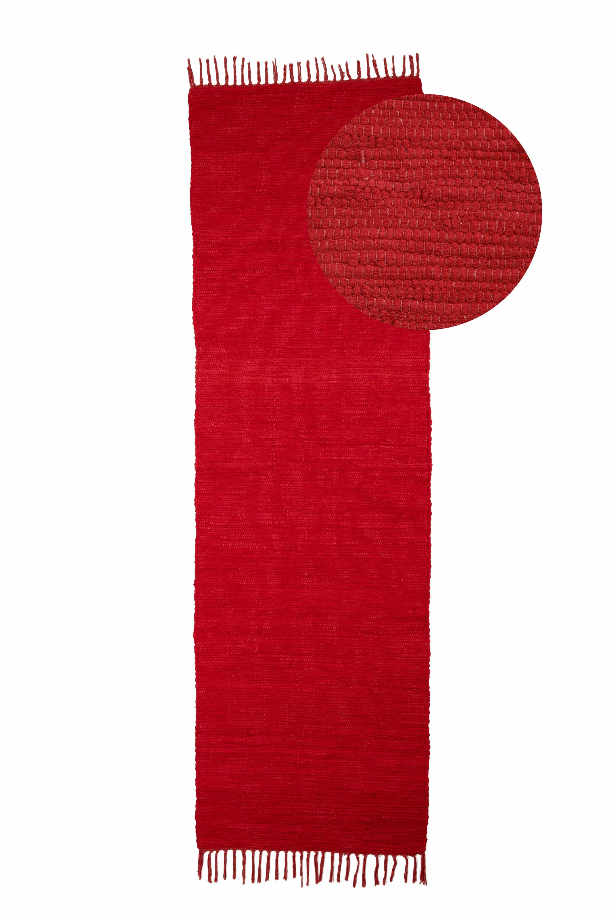 Teppich CARPETFINE "Kelim Chindi uni, auch als Läufer", rot, B:80cm H:5mm L:300cm, Baumwolle, Teppiche, Teppich, Wendeteppich, reine Baumwolle, handgewebt, Uni-Farben, mit Fransen
