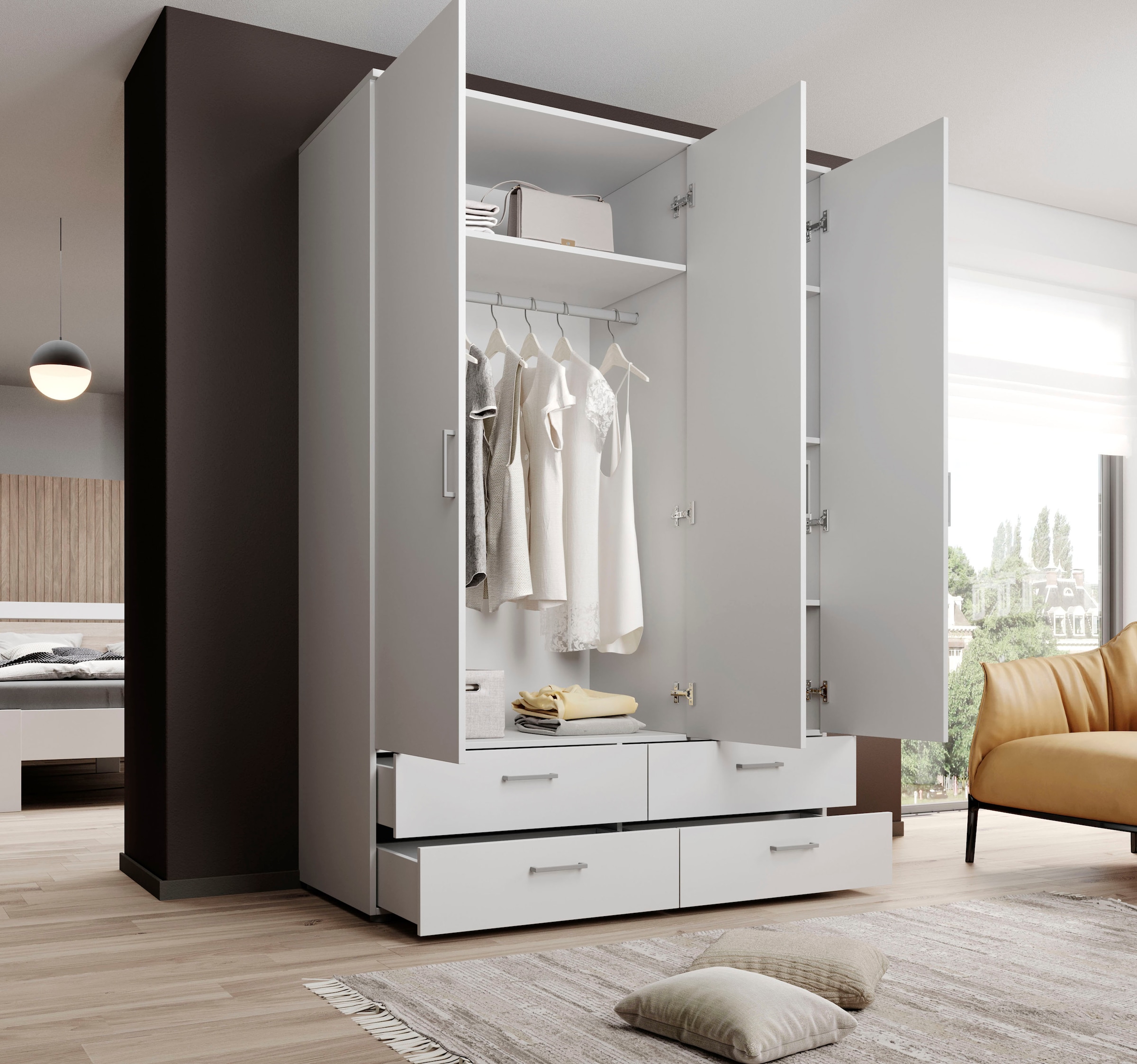 Schlafkontor Drehtürenschrank »Spazio«, weiß, Schlafzimmerschrank mit Spiegel