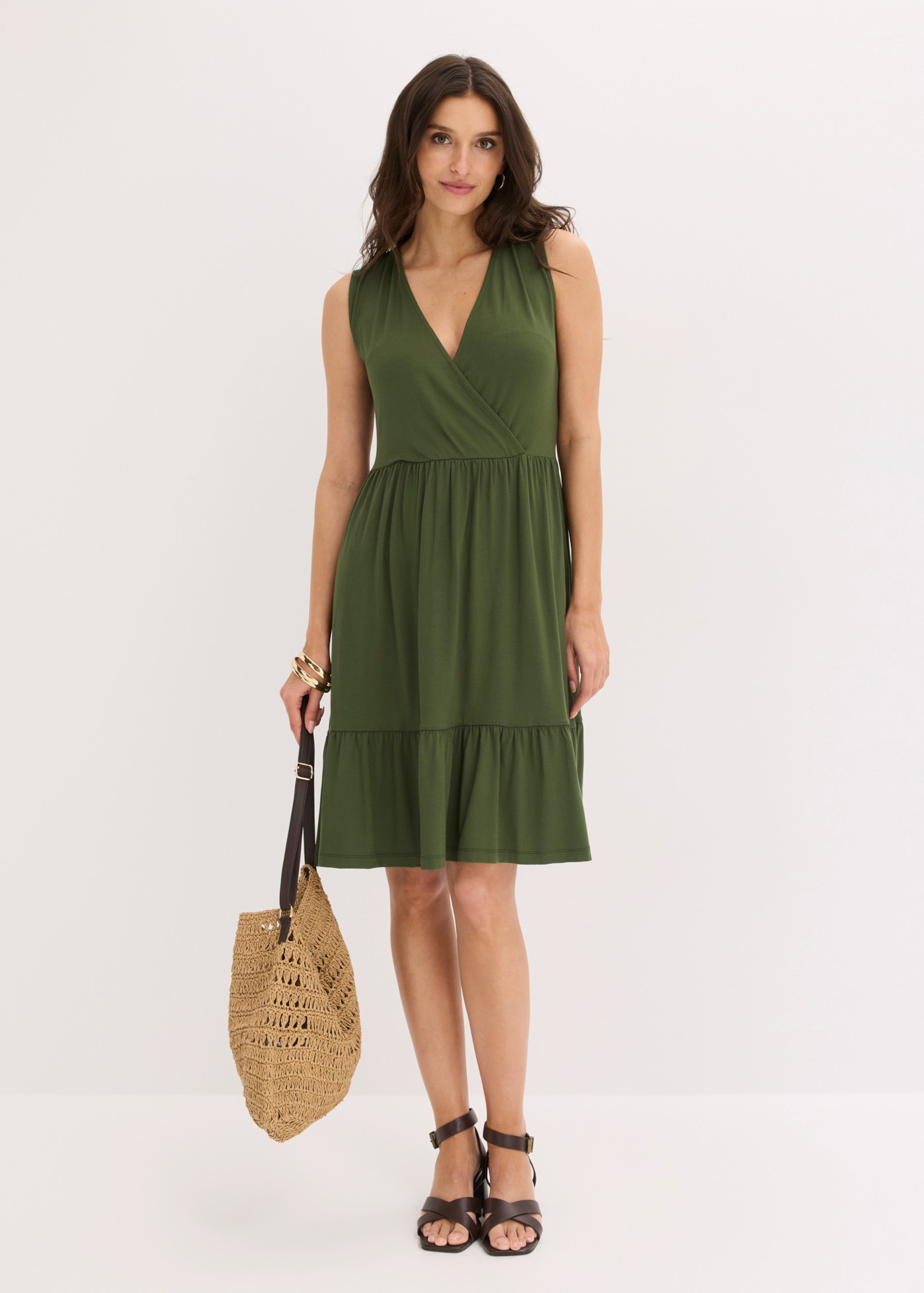 bonprix Jerseykleid für eleganten Look, ärmellos, ohne Kragen, A-Linie, mit Volant