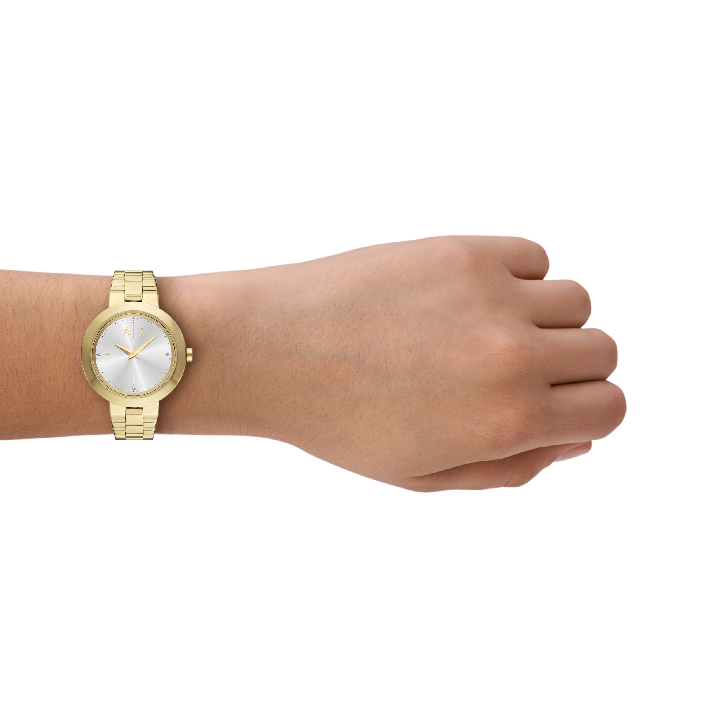ARMANI EXCHANGE Quarzuhr, Armbanduhr, Damenuhr, Edelstahlarmband, analog, Glassteine