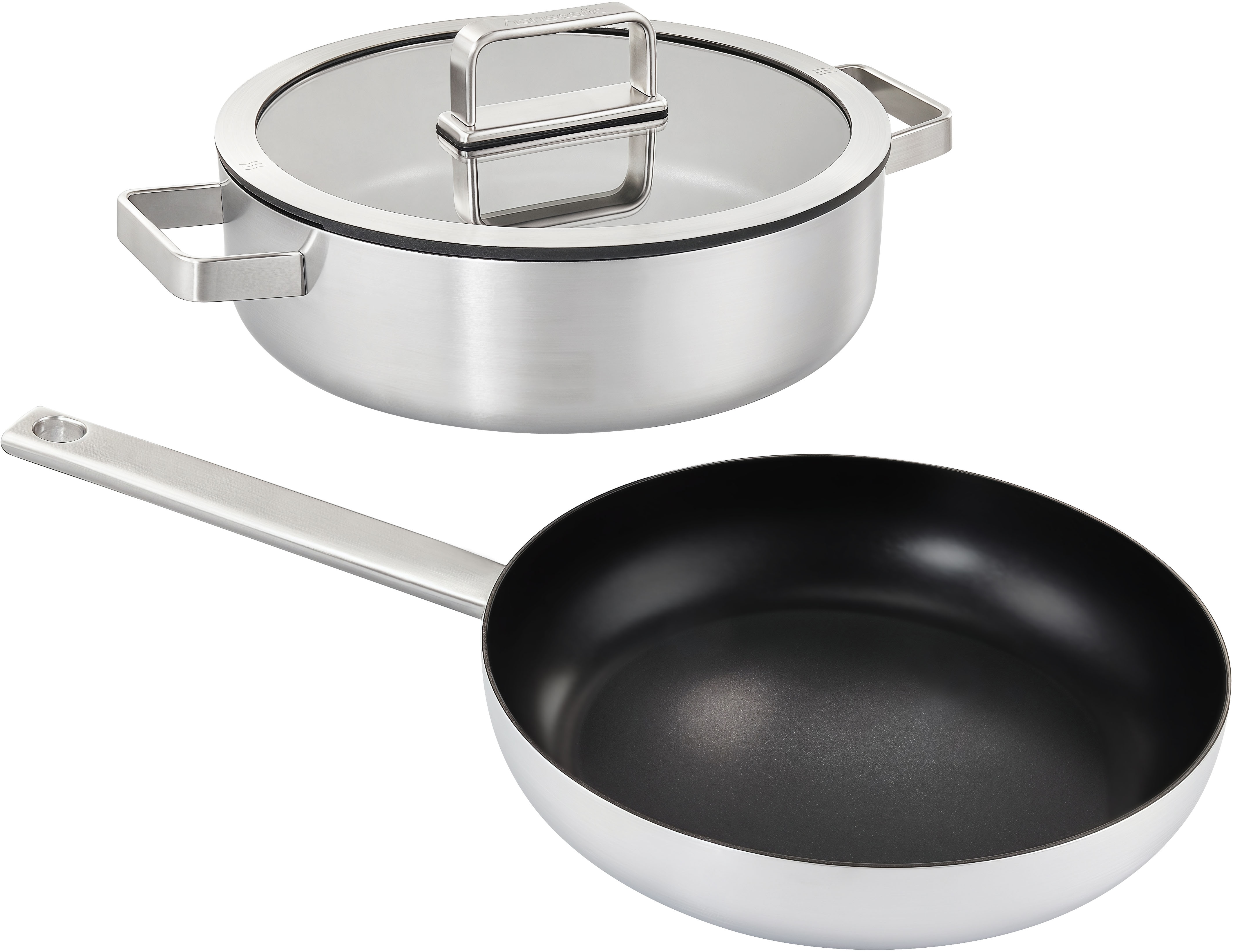 Hanseatic "PREMIUM" Edelstahl Set, 1x Pfanne 24 cm, 1x Servierpfanne 28 cm mit Deckel, 3 Stk. tlg. mit Antihaftbeschichtung, für alle Herdarten, Induktion