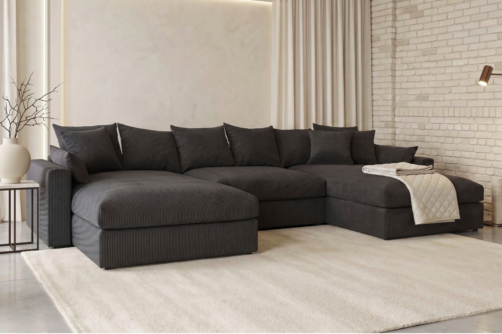 OTTO home Wohnlandschaft "Cosy Lounge U-Form, Breite 385 cm" Mega-Sofa mit Cordstoff bezogen, mit Federkern & 5 Zierkissen