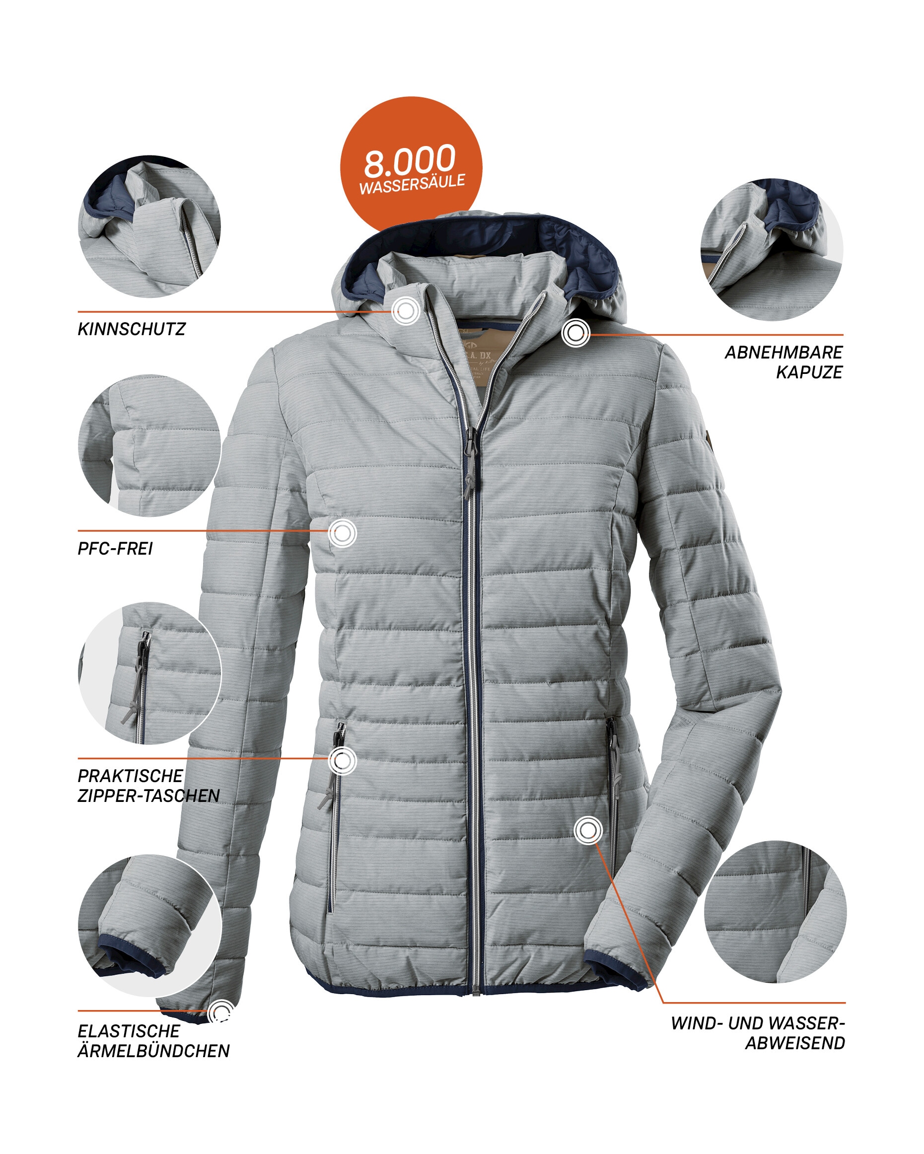 G.I.G.A. DX by killtec Steppjacke »Uyaka Stripe«, Leichte, warme Steppjacke mit abnehmbarer Kapuze und Zipper-Taschen