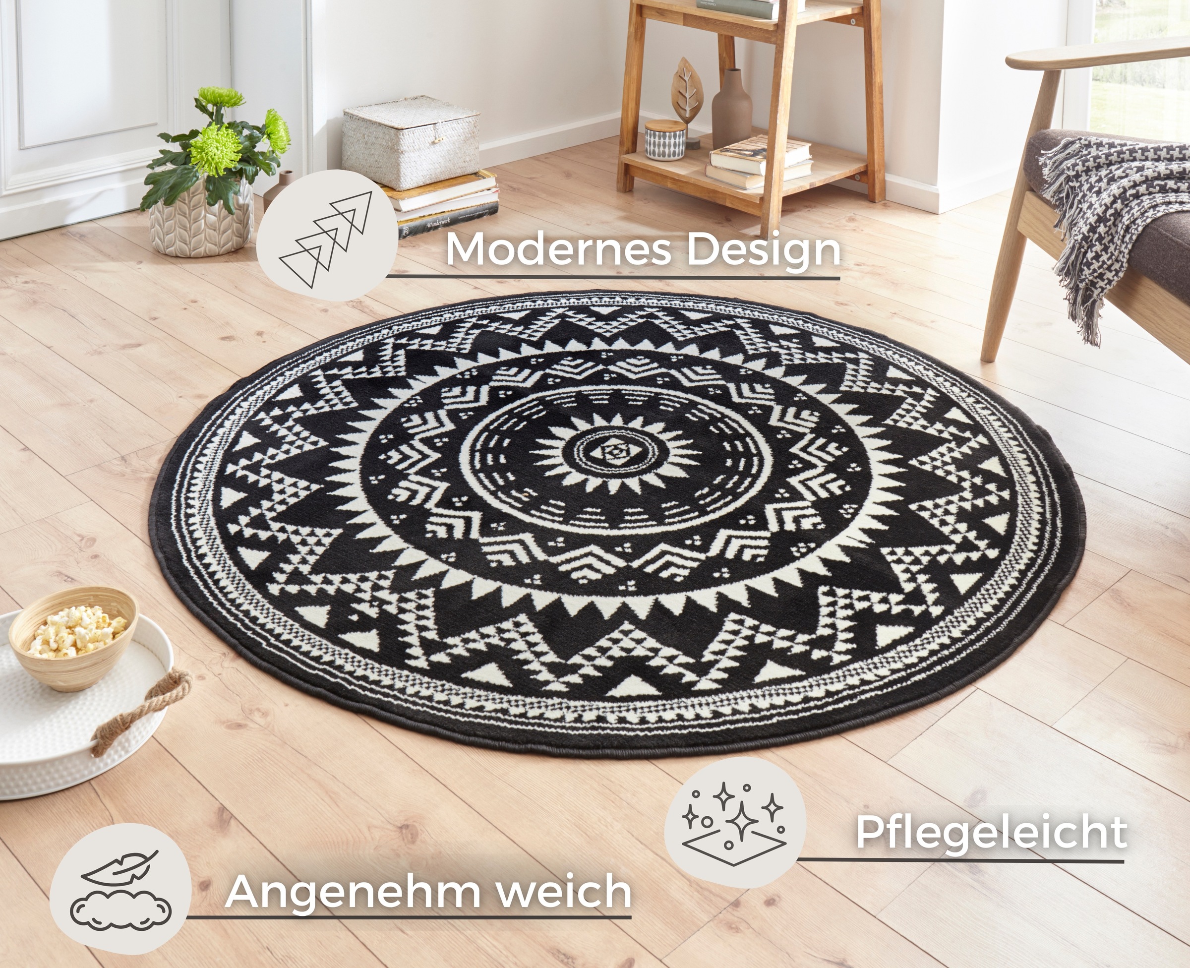 Teppich HANSE HOME "Valencia" Gr. 10, schwarz (schwarz, creme), H:9mm Ø:200cm, Kunstfaser, Teppiche, Teppich, Kurzflor, Modern, Vintage, Mandala, Wohnzimmer, Kinderzimmer, Flur 2
