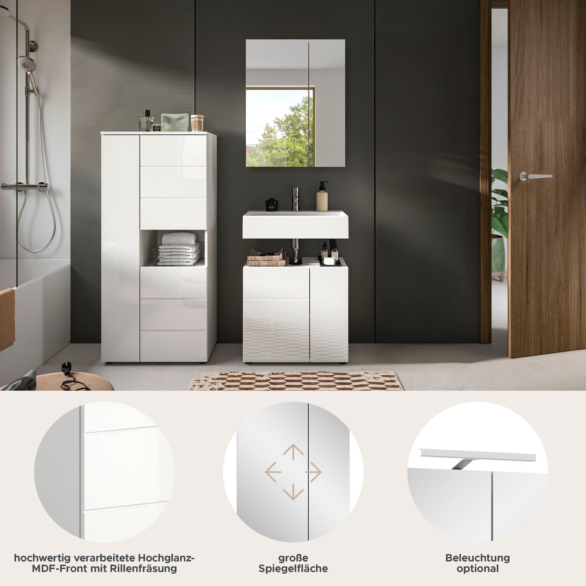 welltime Badmöbel-Set "Biel, Höhe 190 cm, Midischrank, Unterschrank, Spiege günstig online kaufen