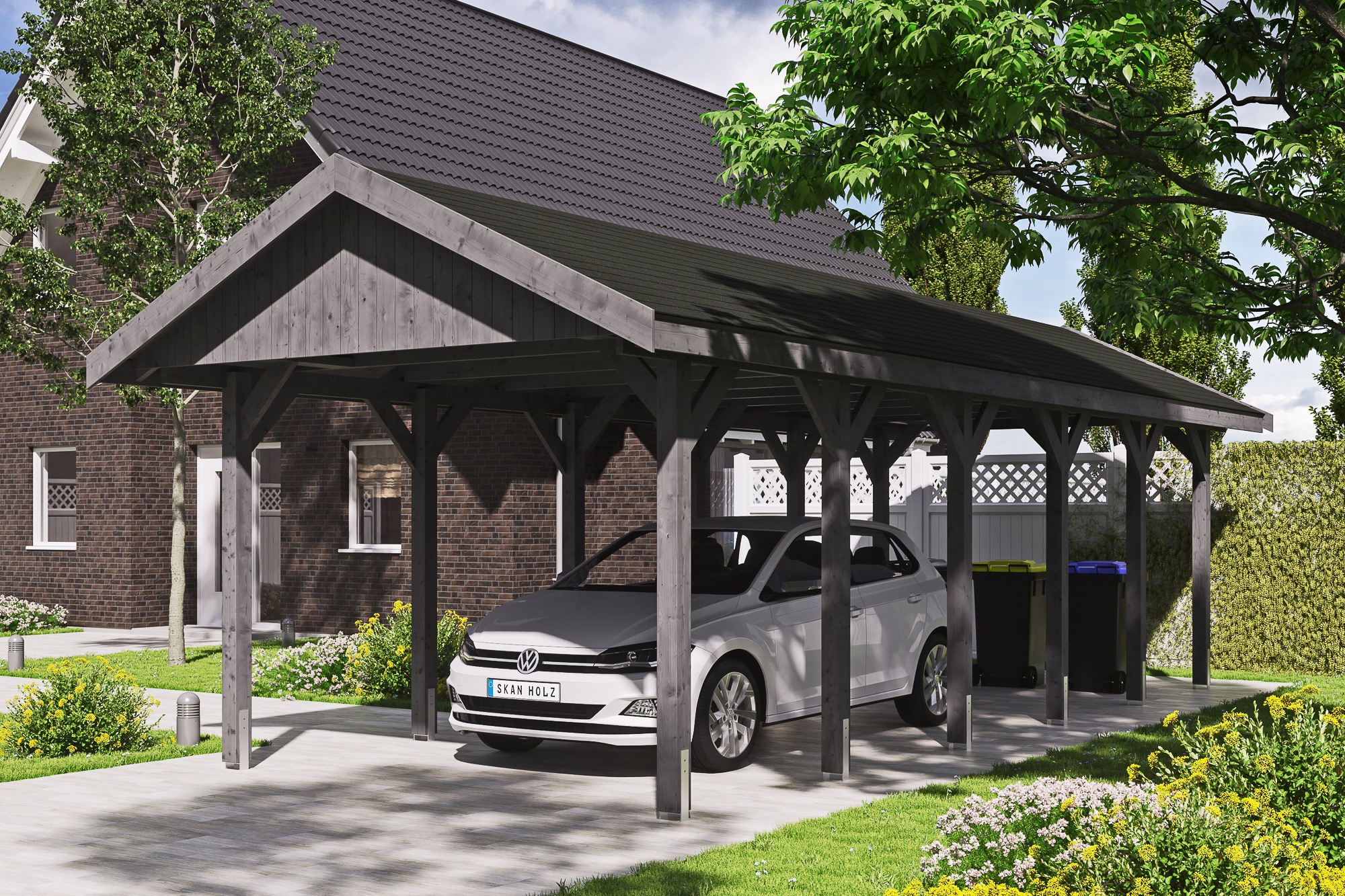 Skanholz Einzelcarport »Wallgau«, Nadelholz, 291 cm, Schiefergrau, 380x900cm, schwarze Schindeln