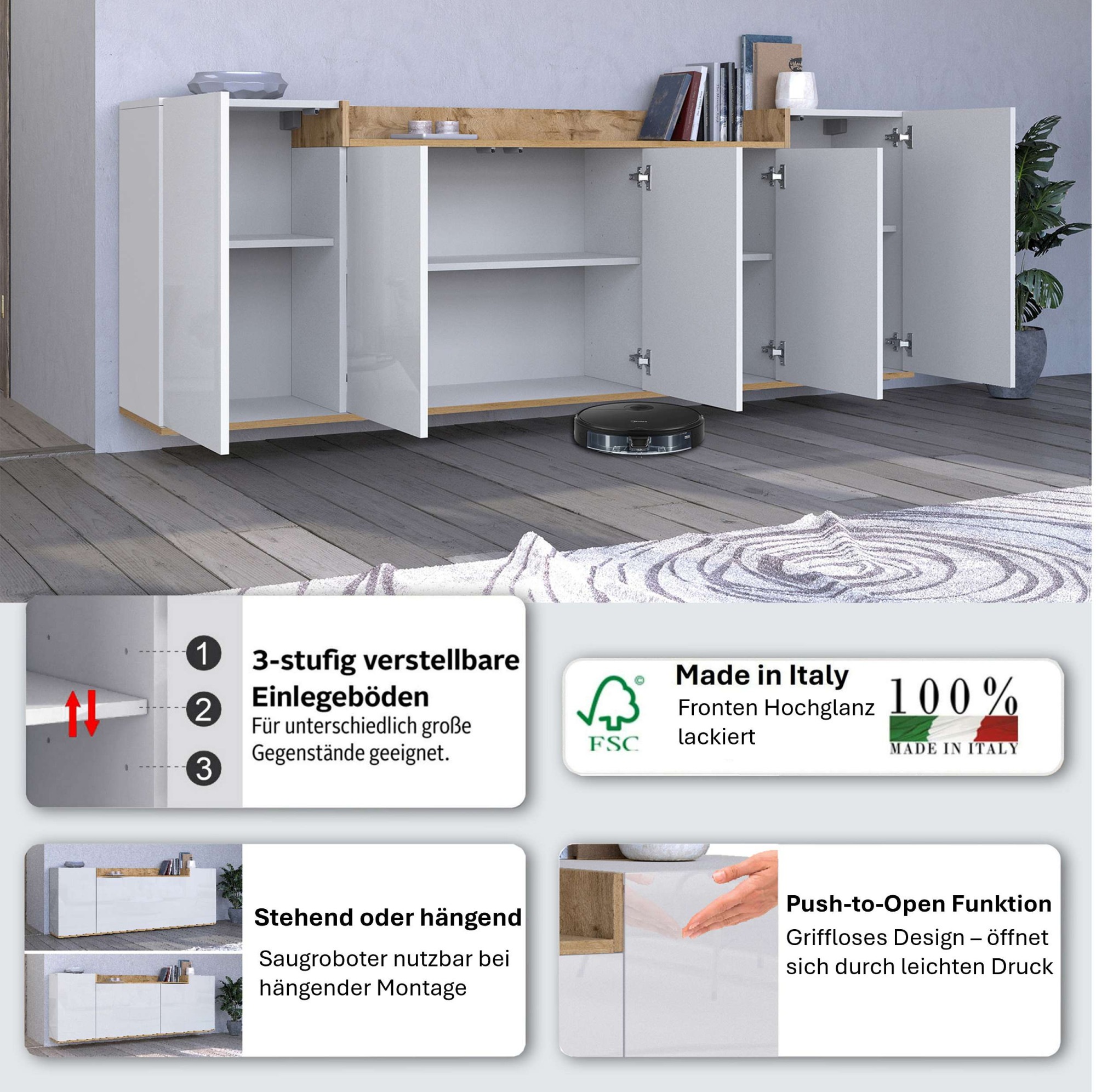 Thumbnail - OTTO home Sideboard "BOLSENA, Kommode, Schrank,Lowboard mit 8 Fächer und offenes Ablagefach" 1 Stk. tlg. Breite 200 cm,s...