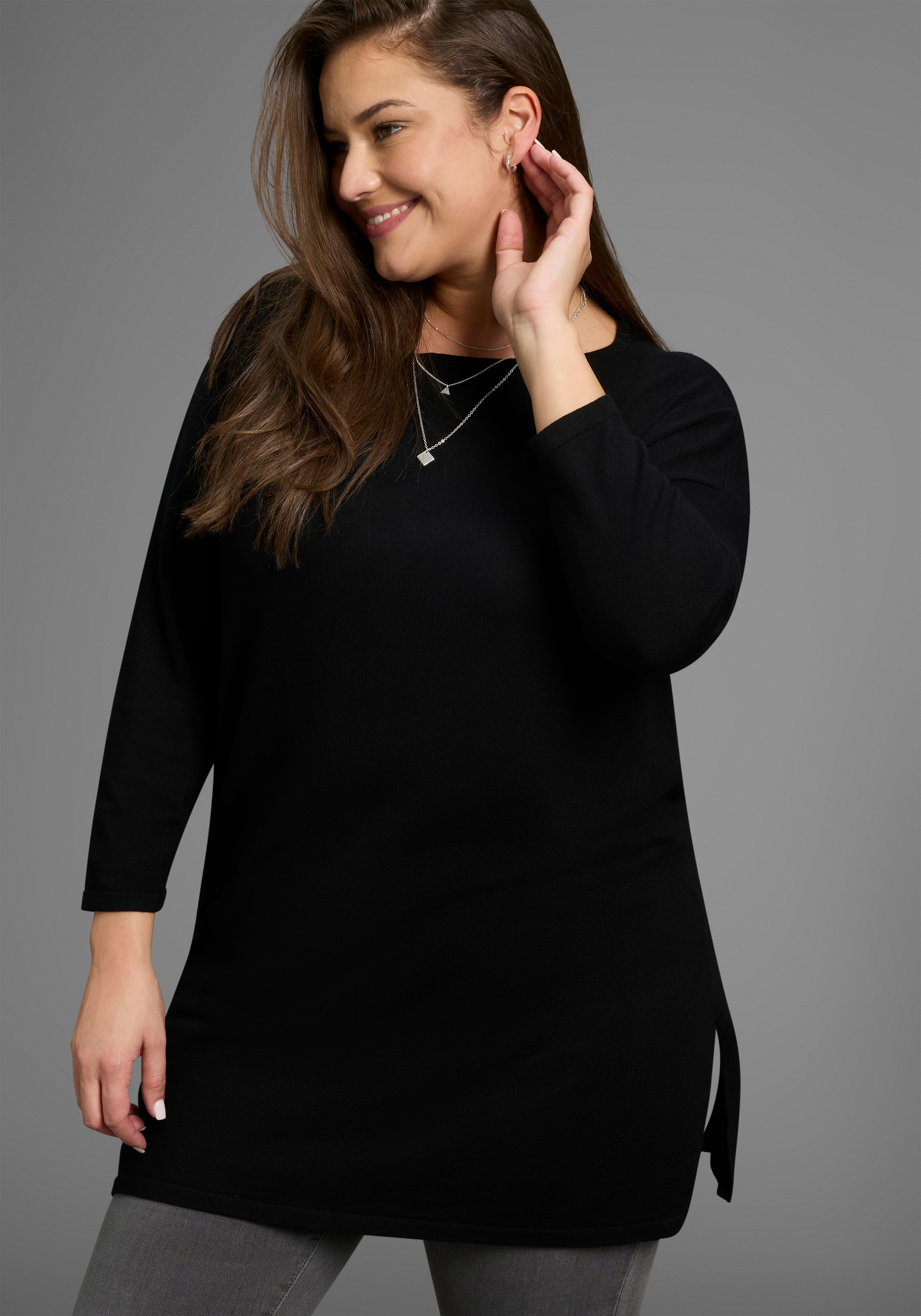 Laura Scott CURVE Longpullover "Große Größen" aus fließendem Feinstrick mit seitlichem Schlitz