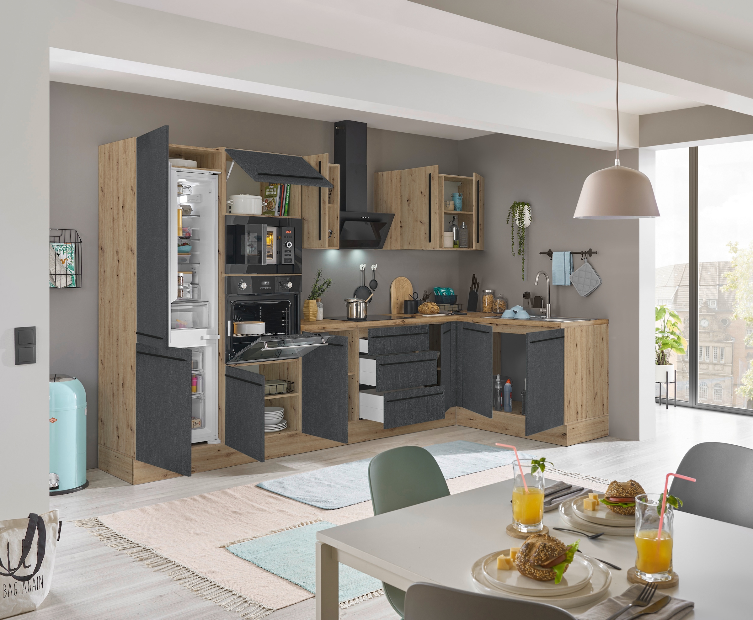 KOCHSTATION Winkelküche »Florida, Stellbreite 330x165 cm« wahlweise mit E-Geräten, mit Softclose für Türen und Schubkästen