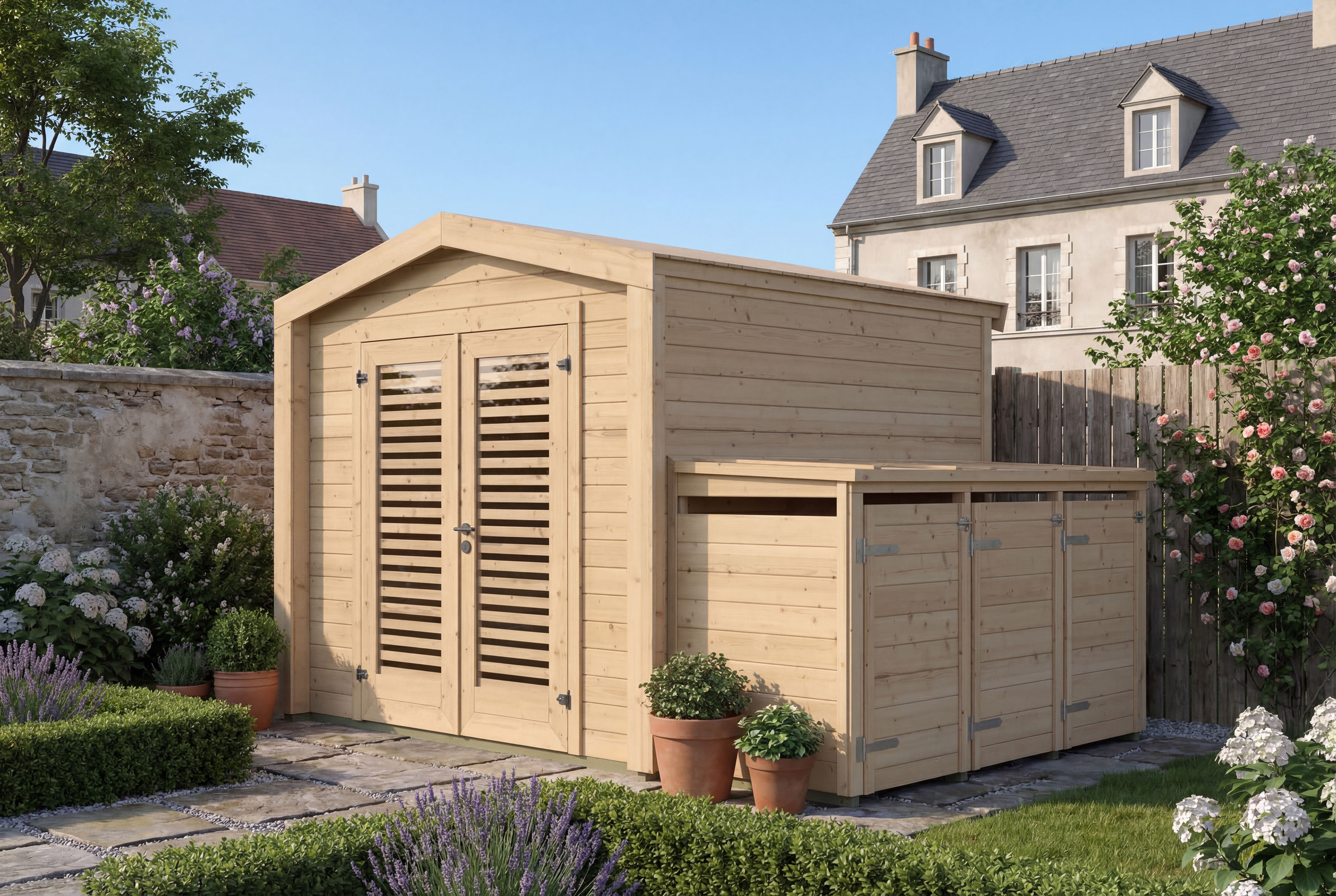 weka Gartenhaus "Killarney" Doppeltür mit Lamellen, inkl. 3er Mülltonnenbox