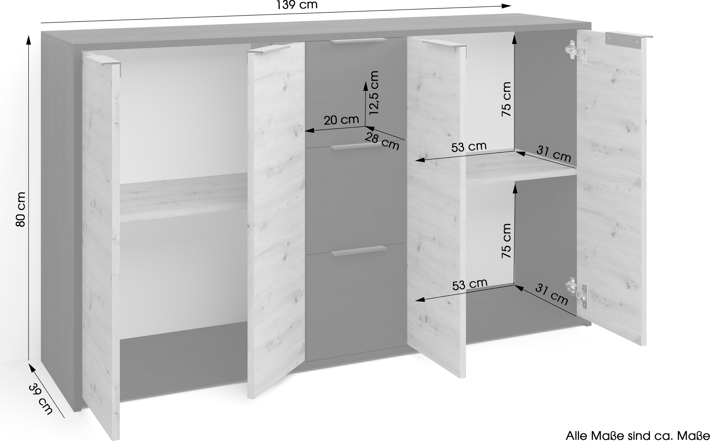 byLIVING Sideboard »Rimini«, Melamin Eiche schwarz und Artisan Eiche, 3 Schubkästen, 4 Türen