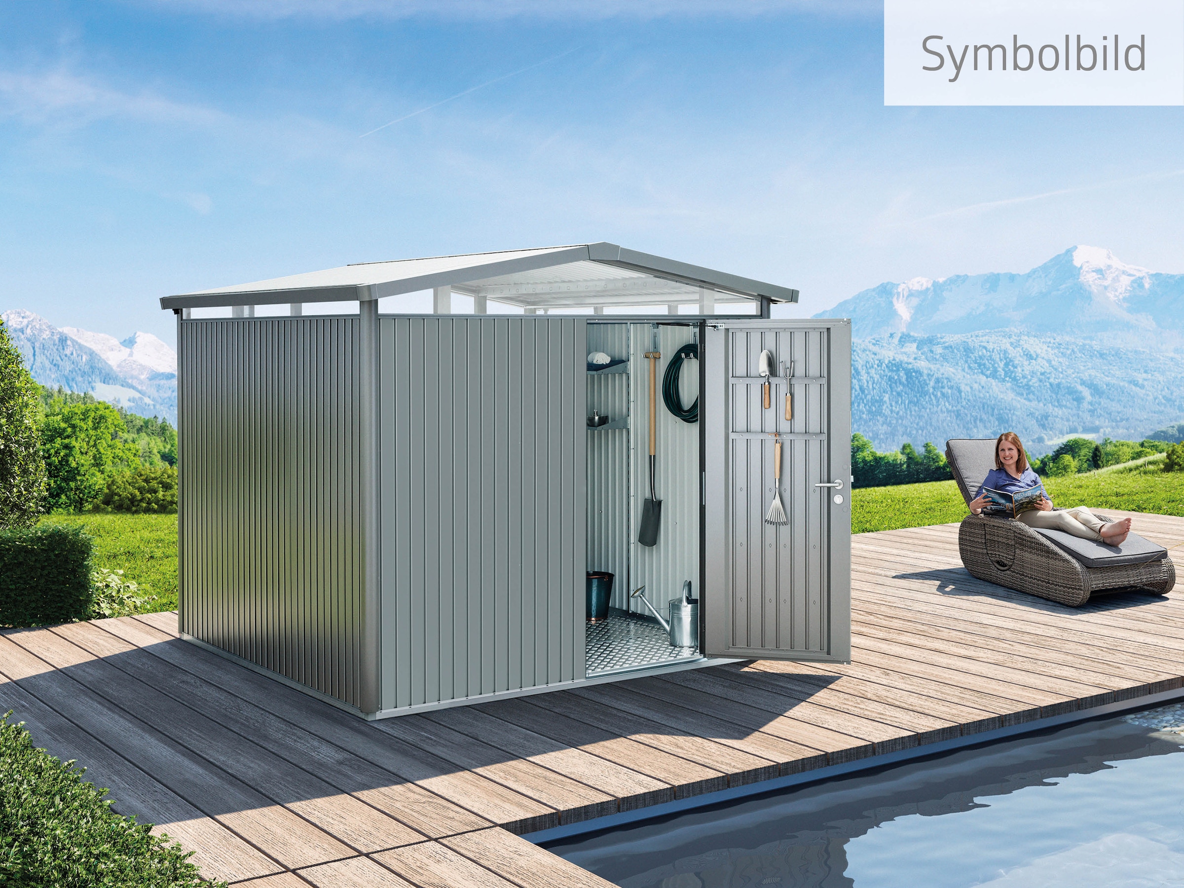 Biohort Gerätehaus »PANORAMA Gr. P4 quarzgrau-metallic
mit Standardtür«, aus Metall mit umlaufendem Acrylglas-Lichtband