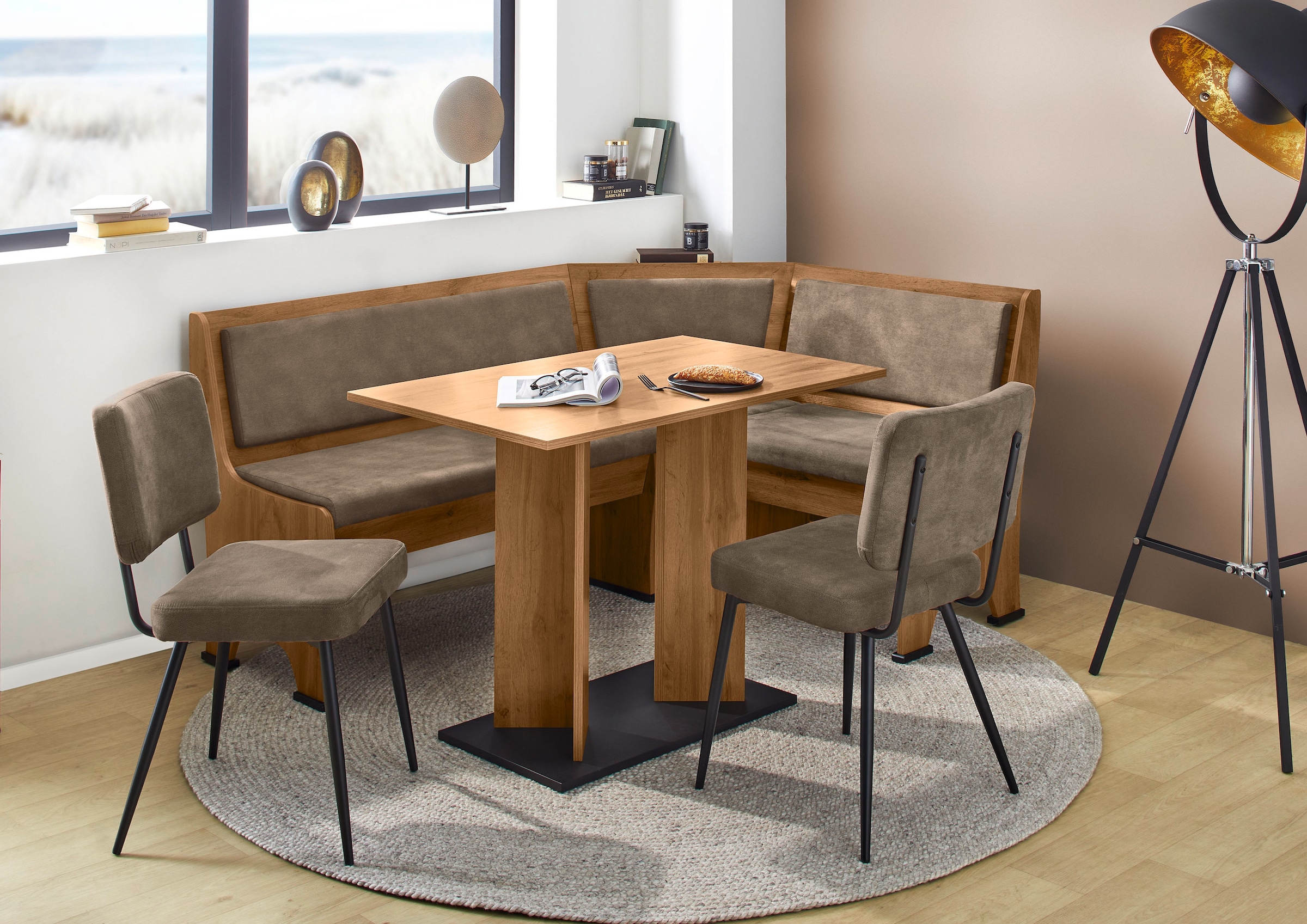 OTTO home Eckbankgruppe »Theo (Set, 4-tlg. Tisch, Bank und 2 Stühle) 2 Farben wählbar« Bank links/rechts montierbar, mit Stauraum, Stühle im 2er Set