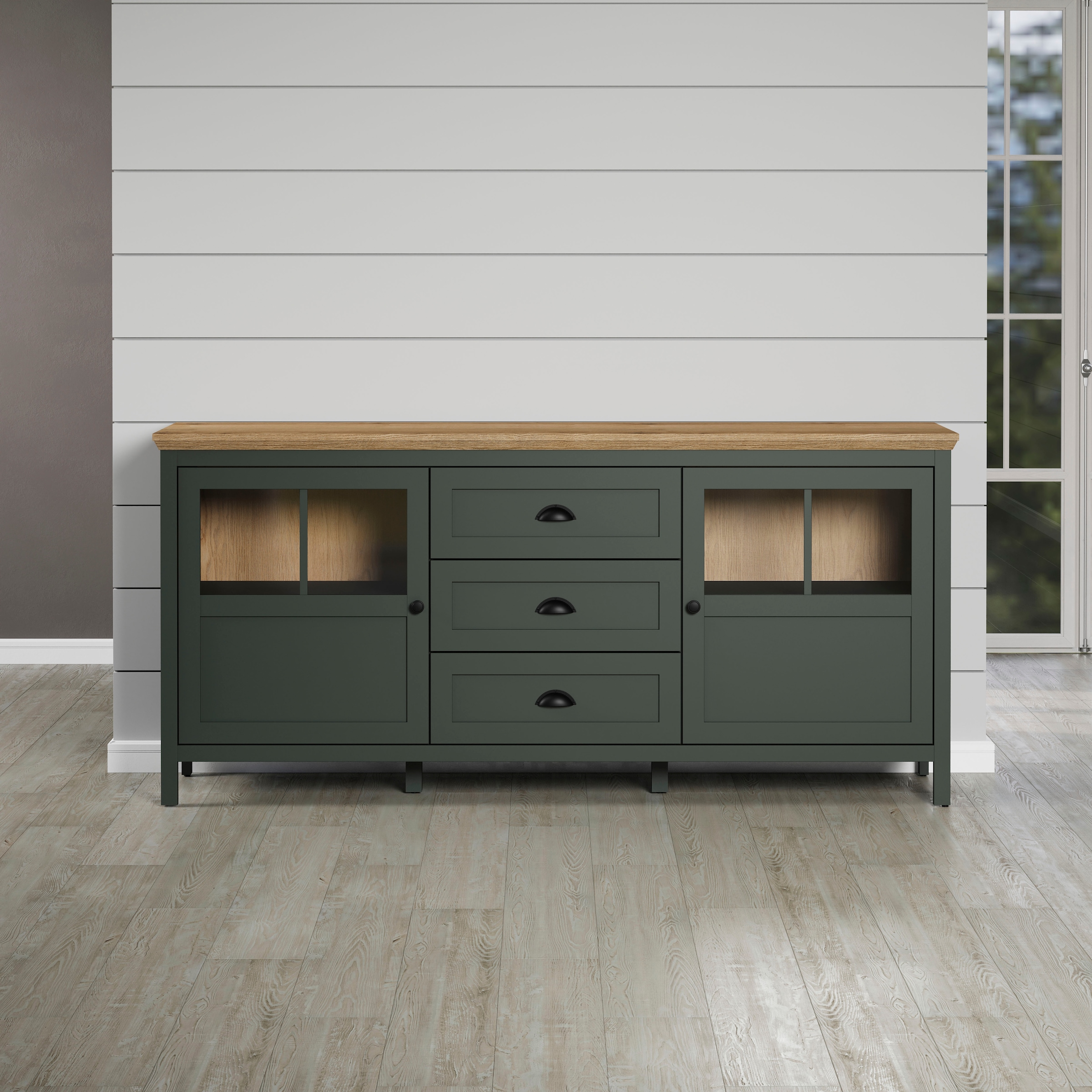 Home affaire Sideboard »Vienna« 1 Stk. tlg. Kommode im Landhausstil - Beleuchtung, Glastüren - B/T/H 185/45/86 cm