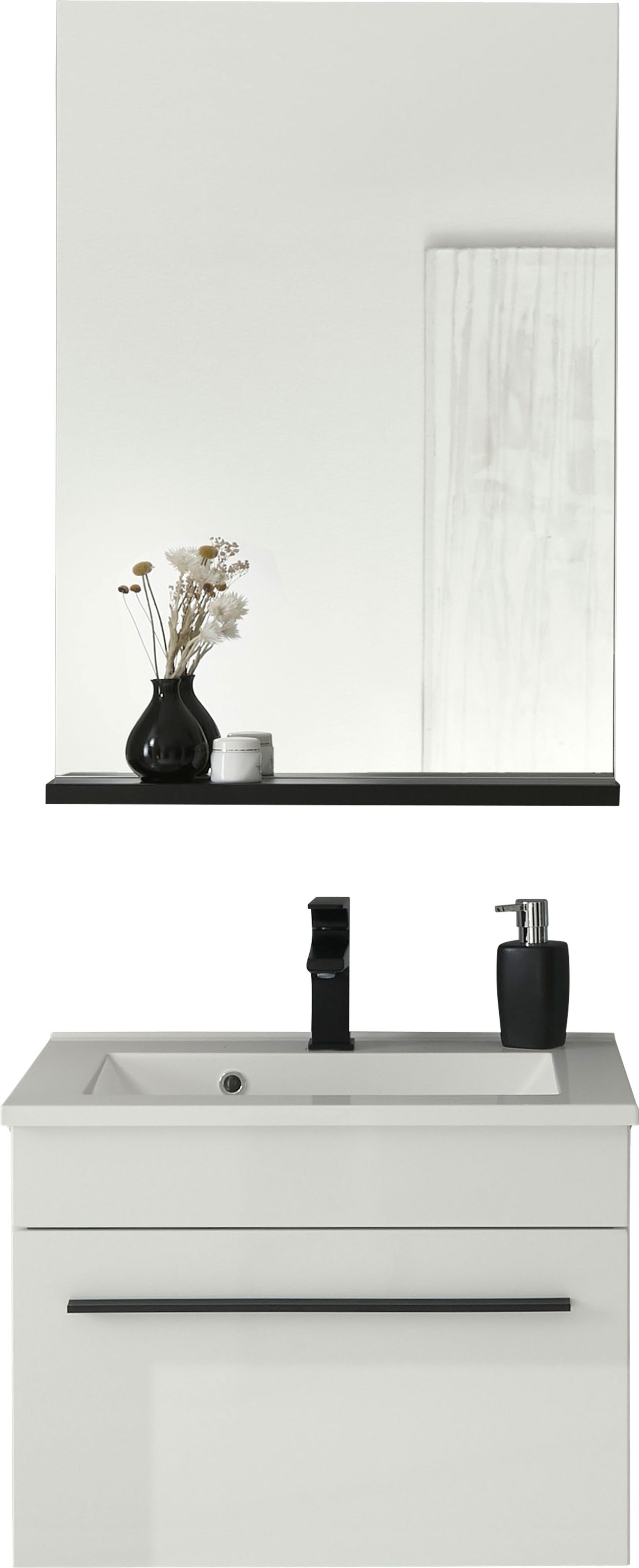 INOSIGN Badmöbel-Set »Cantara, Bad im modernen Design, 2-teiliges Badezimmer«, (Set, 2 St.), Waschtisch und Spiegel, in Weiß Hochglanz, viel Stauraum