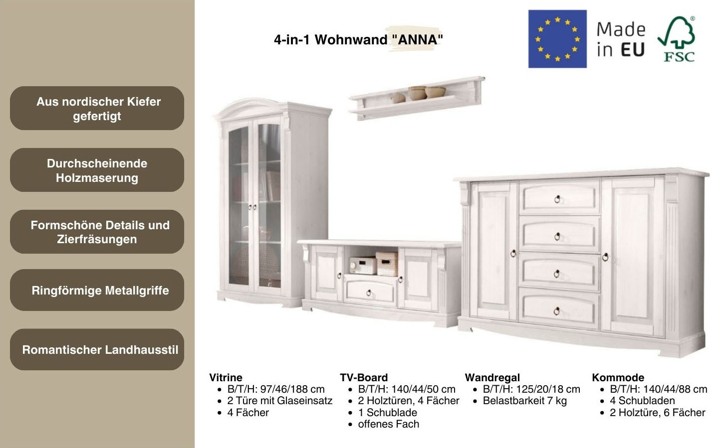 Home affaire Wohnwand »Anna«, (Set, 4 St.), aus massiver Kiefer, FSC®, im romantischen Landhausstil