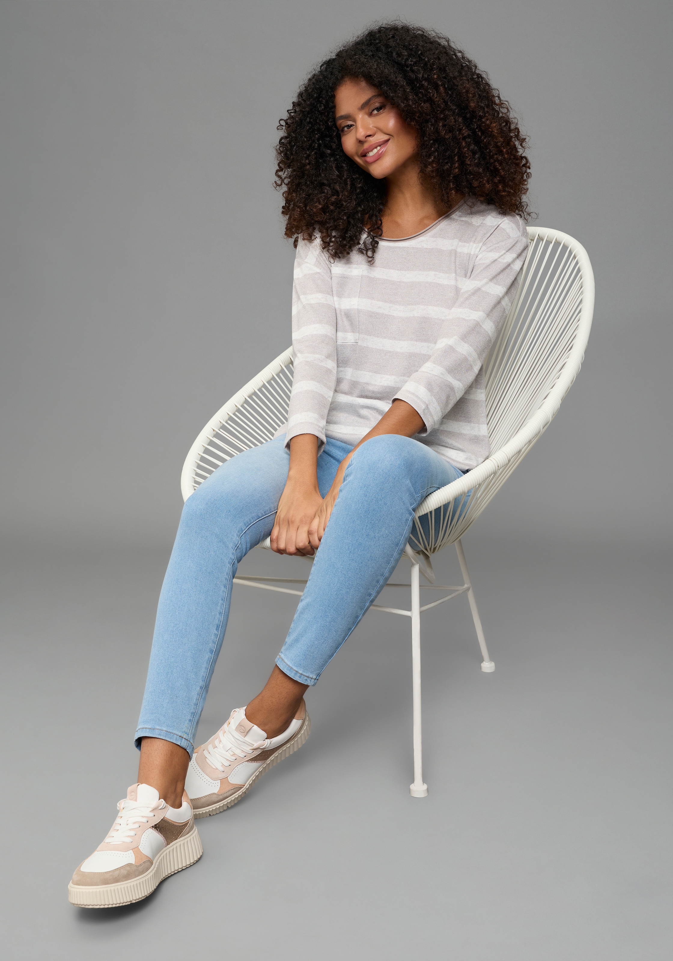 Laura Scott Streifenpullover leichter Übergangspullover mit seitlichem Schlitz und Tasche