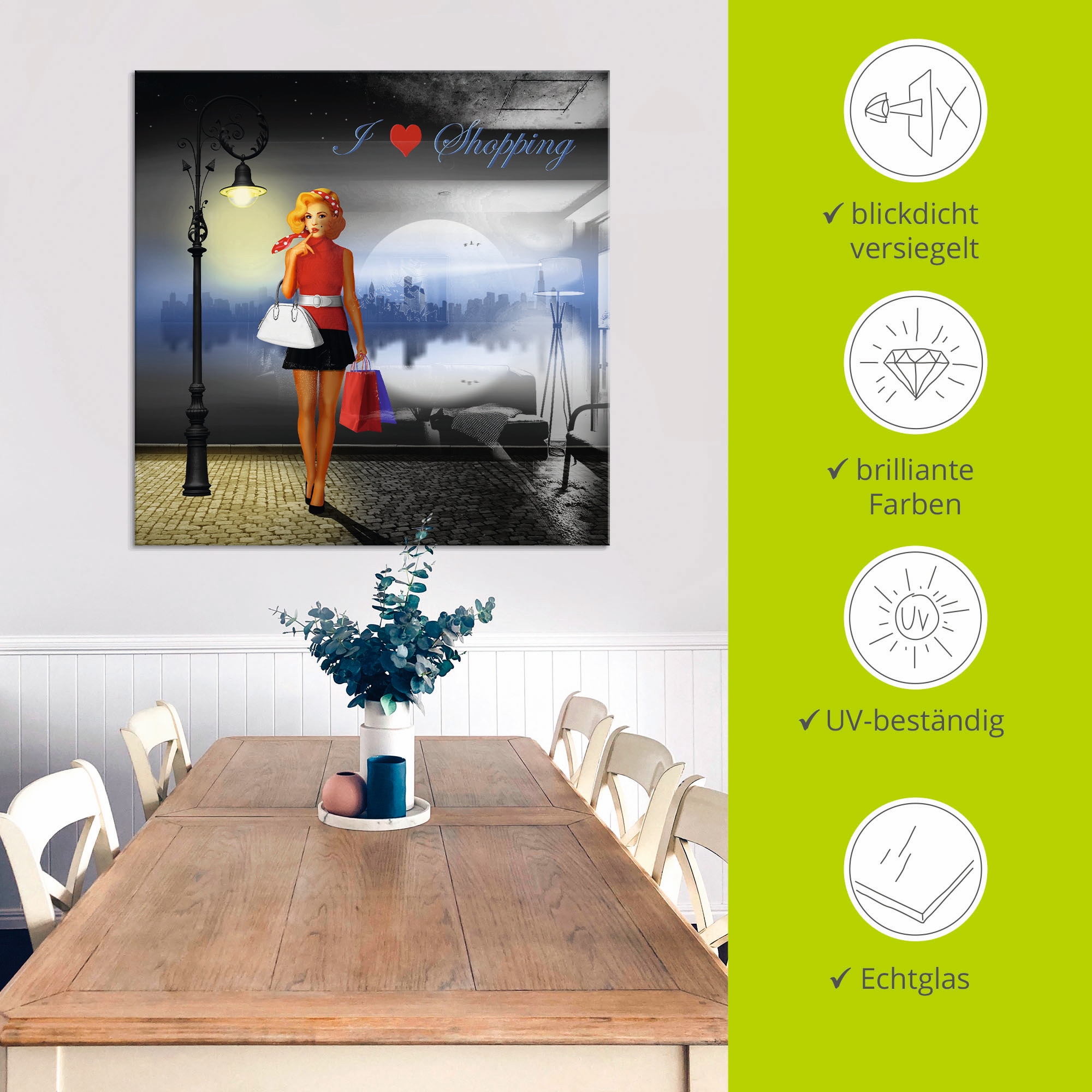 Artland Glasbild »Ich liebe Einkaufen«, Mode, (1 St.), in verschiedenen Größen