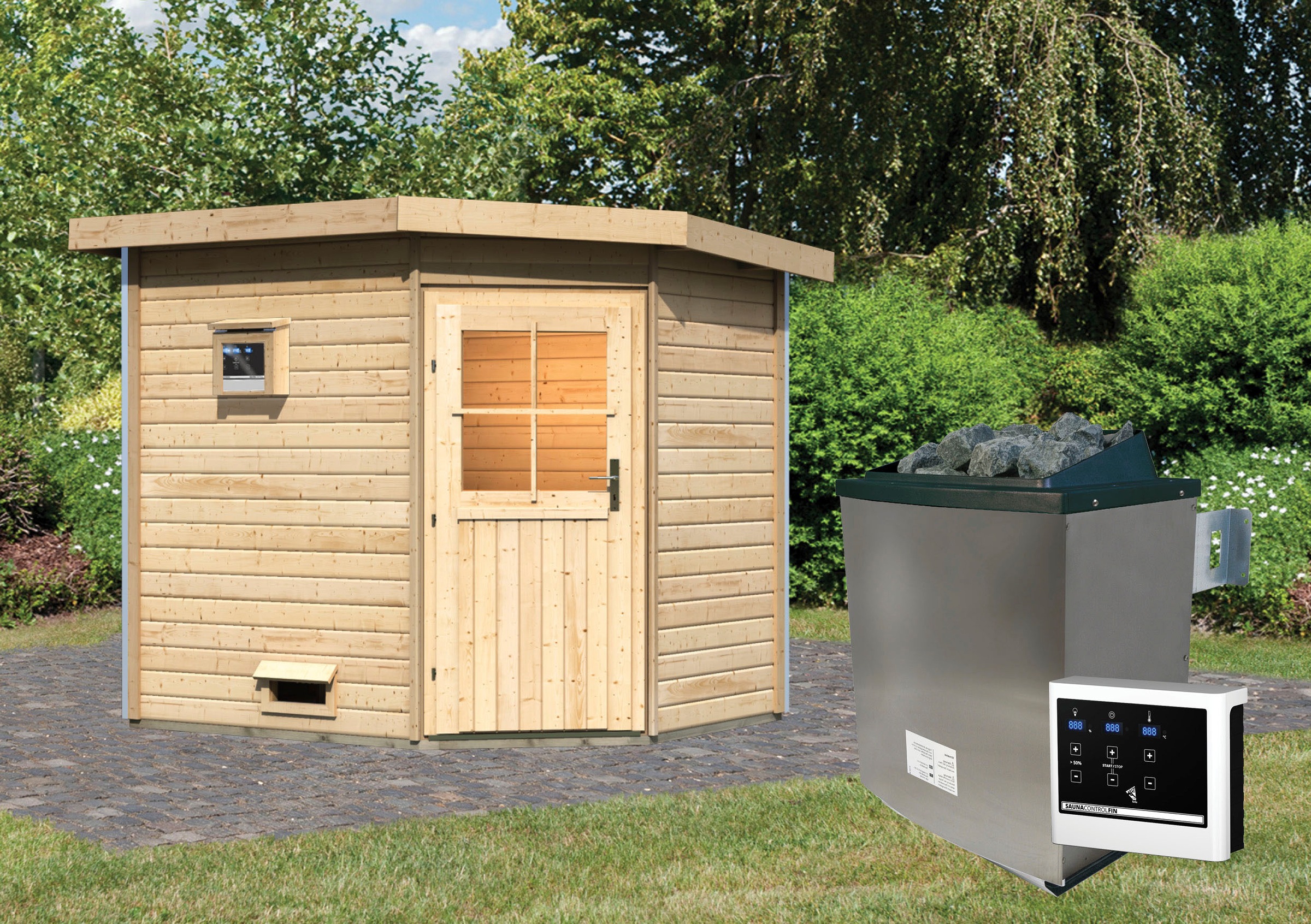 Karibu Saunahaus »Tore«, klassiche Tür, Ofen 9 KW externe Strg Easy