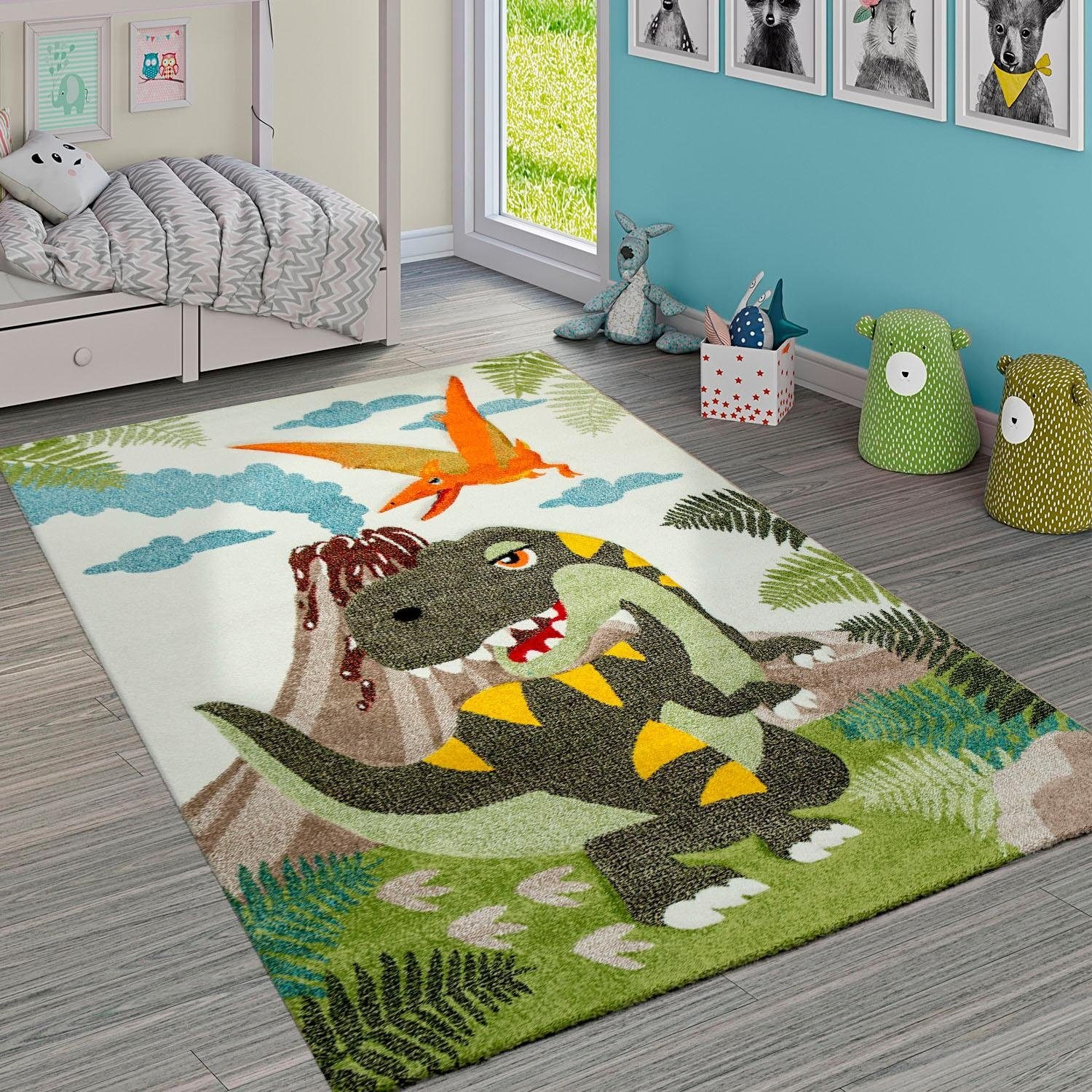 Paco Home Kinderteppich »Diamond 636«, rund, 18 mm Höhe, 3D-Design, Motiv Dinosaurier, Kinderzimmer