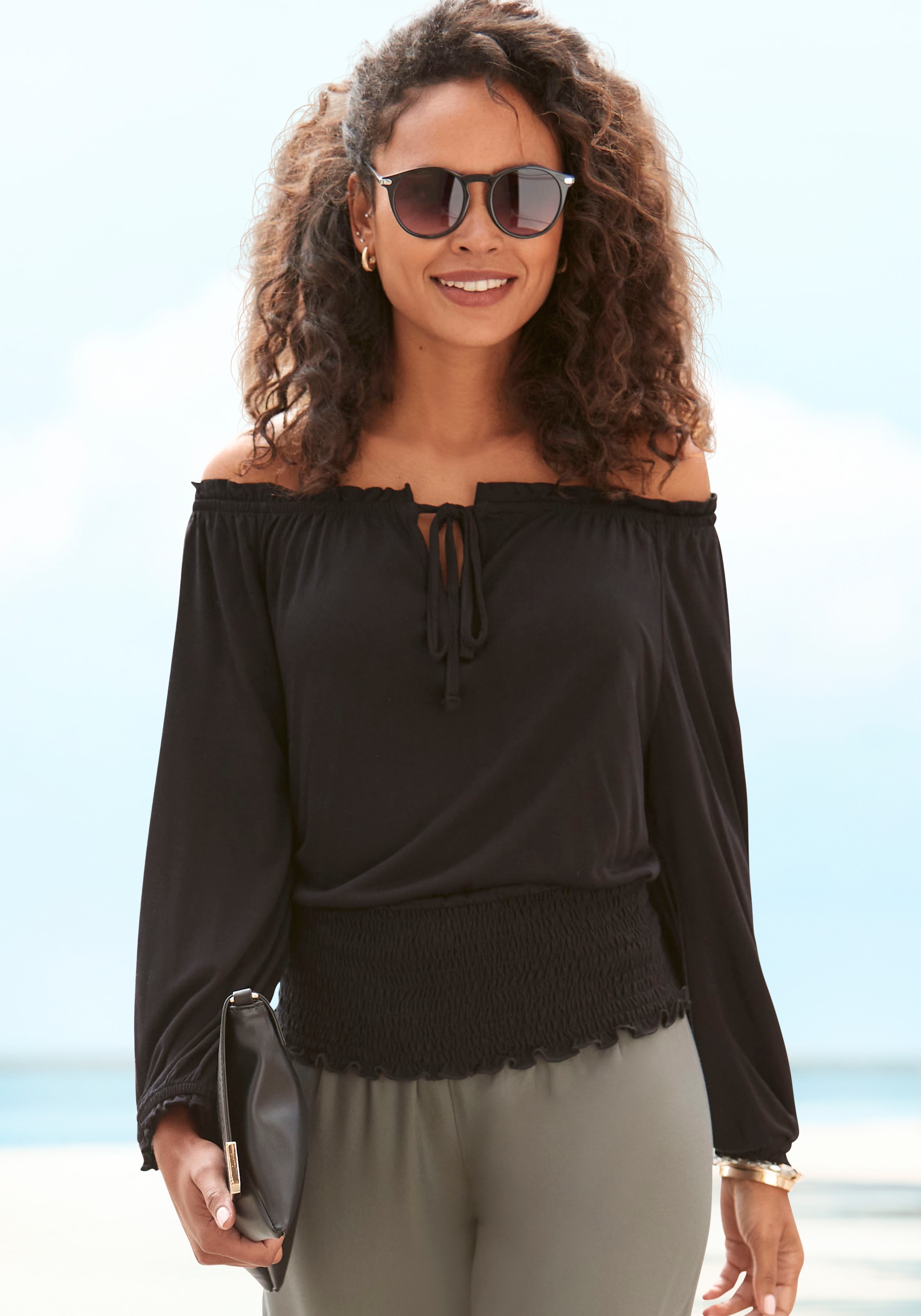 LASCANA Carmenshirt mit 3/4-Ärmeln, Blusenshirt mit Bindeband und Gummizug