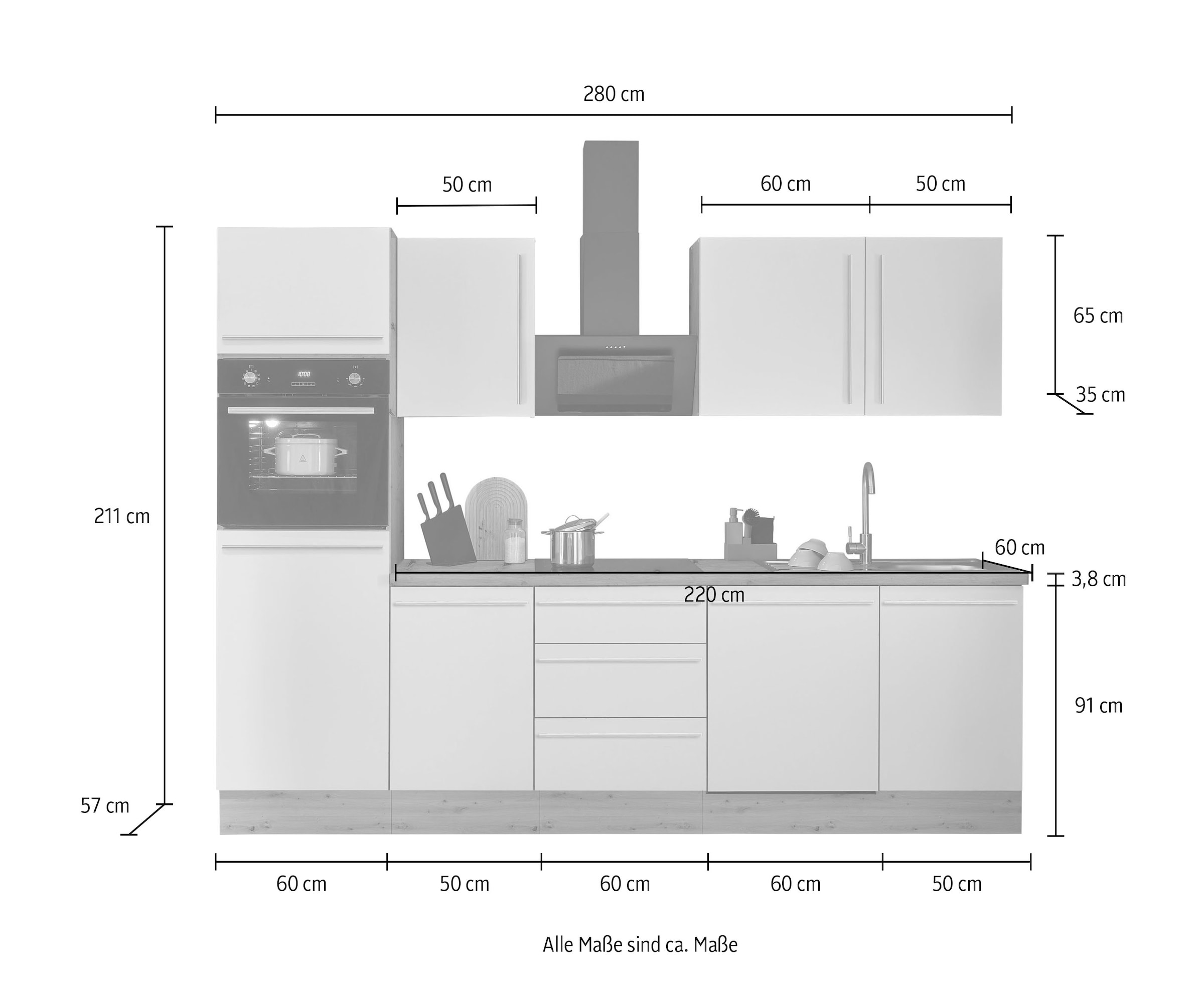 KOCHSTATION Küchenzeile »Florida«, Breite 280 cm, wahlweise mit E-Geräten,Softclose für Türen/Schubkästen