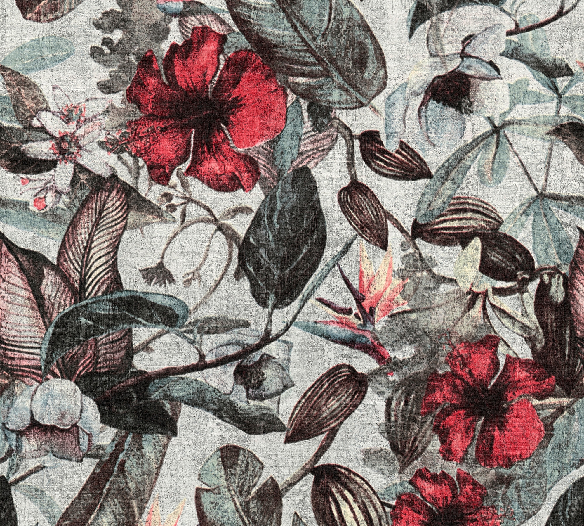 Vliestapete »Greenery«, Vintage Tapete Floral Grün Rot Grau