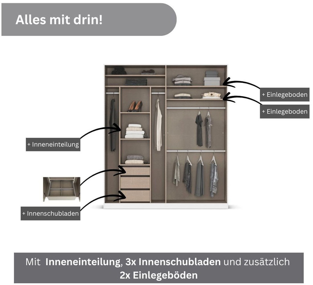 rauch Drehtürenschrank »Kleiderschrank Schrank Garderobe TOPSELLER OTELI inkl. Inneneinteilung«, (erhältlich in Breiten 91-360 cm, ab Breite 136cm inkl. Innenschubladen), mit zusätzlichen Einlegeböden, optional mit Spiegel MADE IN GERMANY