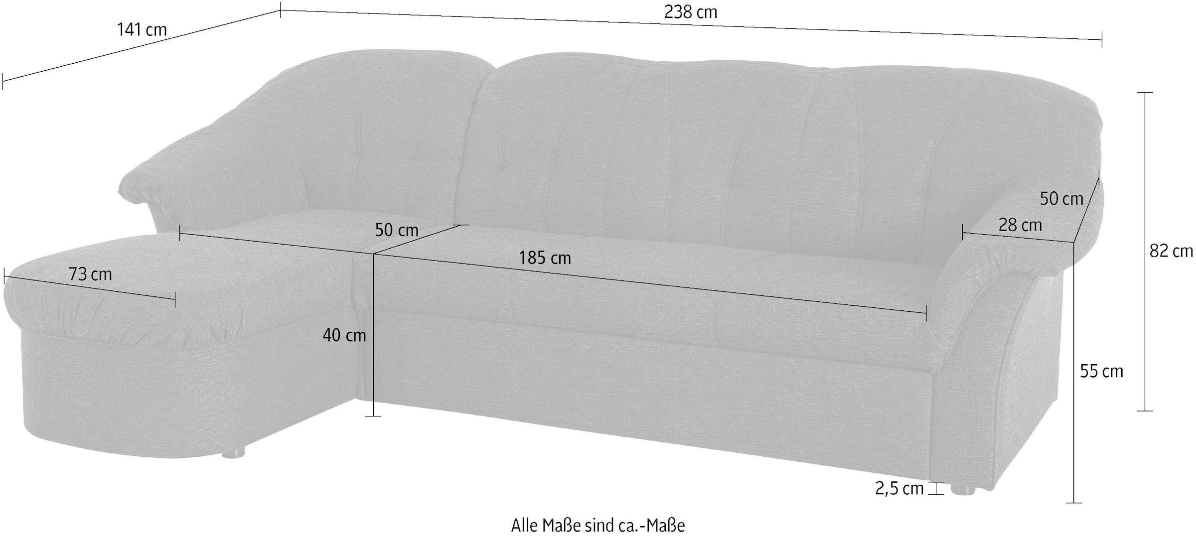 DOMO collection Ecksofa »Pegnitz, elegante Rückensteppung, kompakte Stellmaße 238/141cm, L-Form«, wahlweise mit Bettfunktion