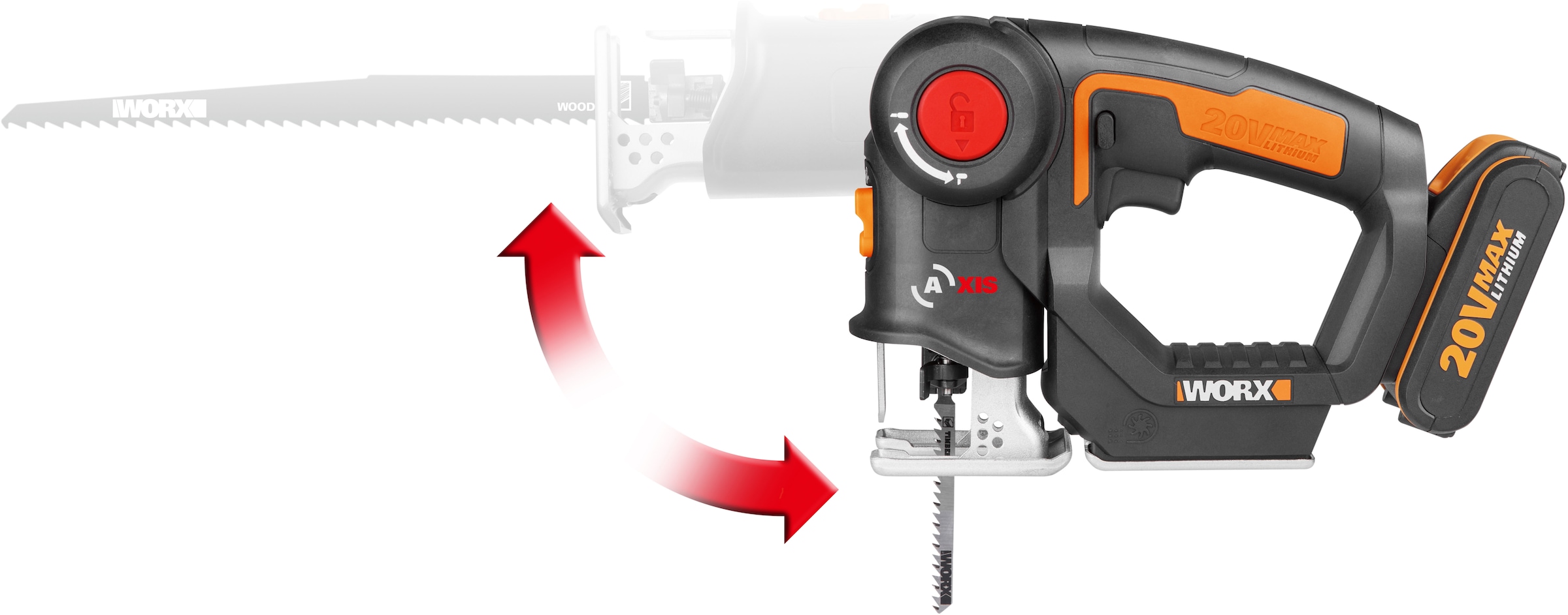 Worx Akku-Stichsäge »WX550.9 Axis«, Profi 2-in-1 Pendelhub Stich- & Säbelsäge, ohne Akku & Ladegerät